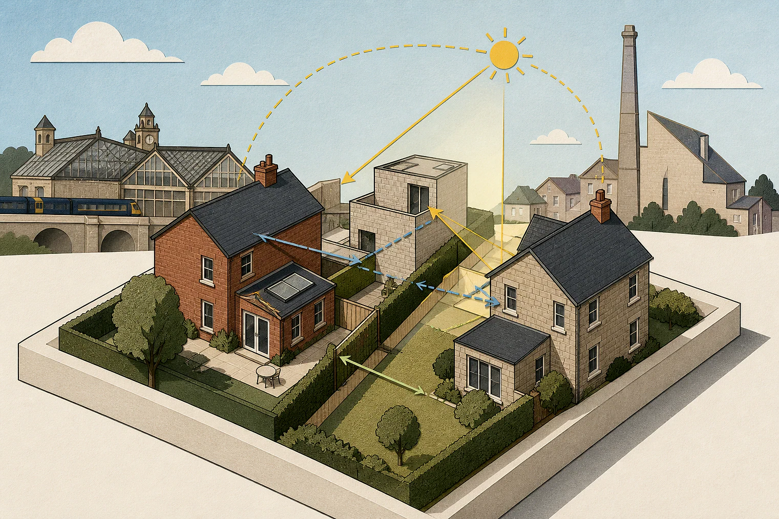 Cut-paper illustration of an imaginary privacy, daylight and neighbour living conditions planning issue in Calderdale Metropolitan, with simplified local landmarks.