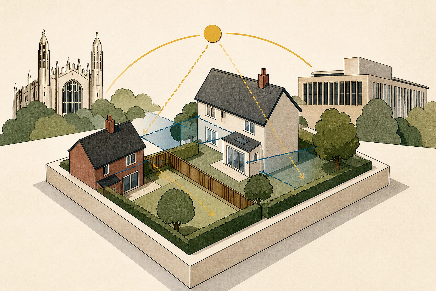 Cut-paper illustration of an imaginary privacy, daylight and neighbour living conditions planning issue in Cambridge, with simplified local landmarks.