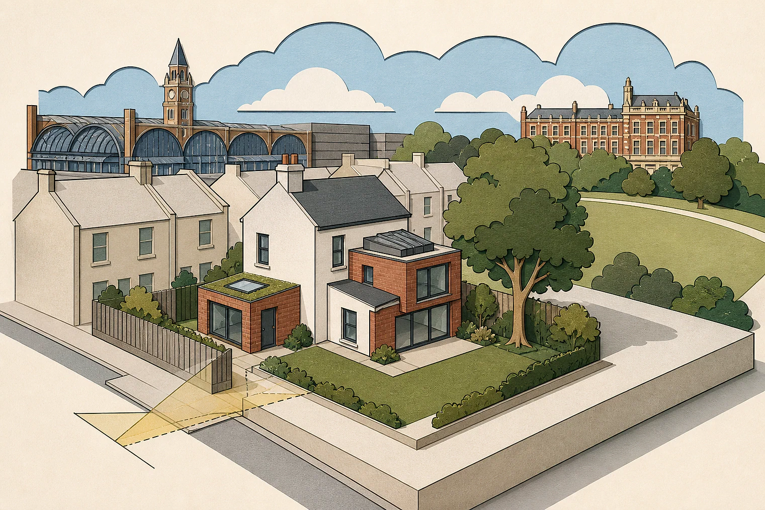 Cut-paper planning illustration for Camden, showing extensions, neighbours, access and open land near simplified local landmarks.