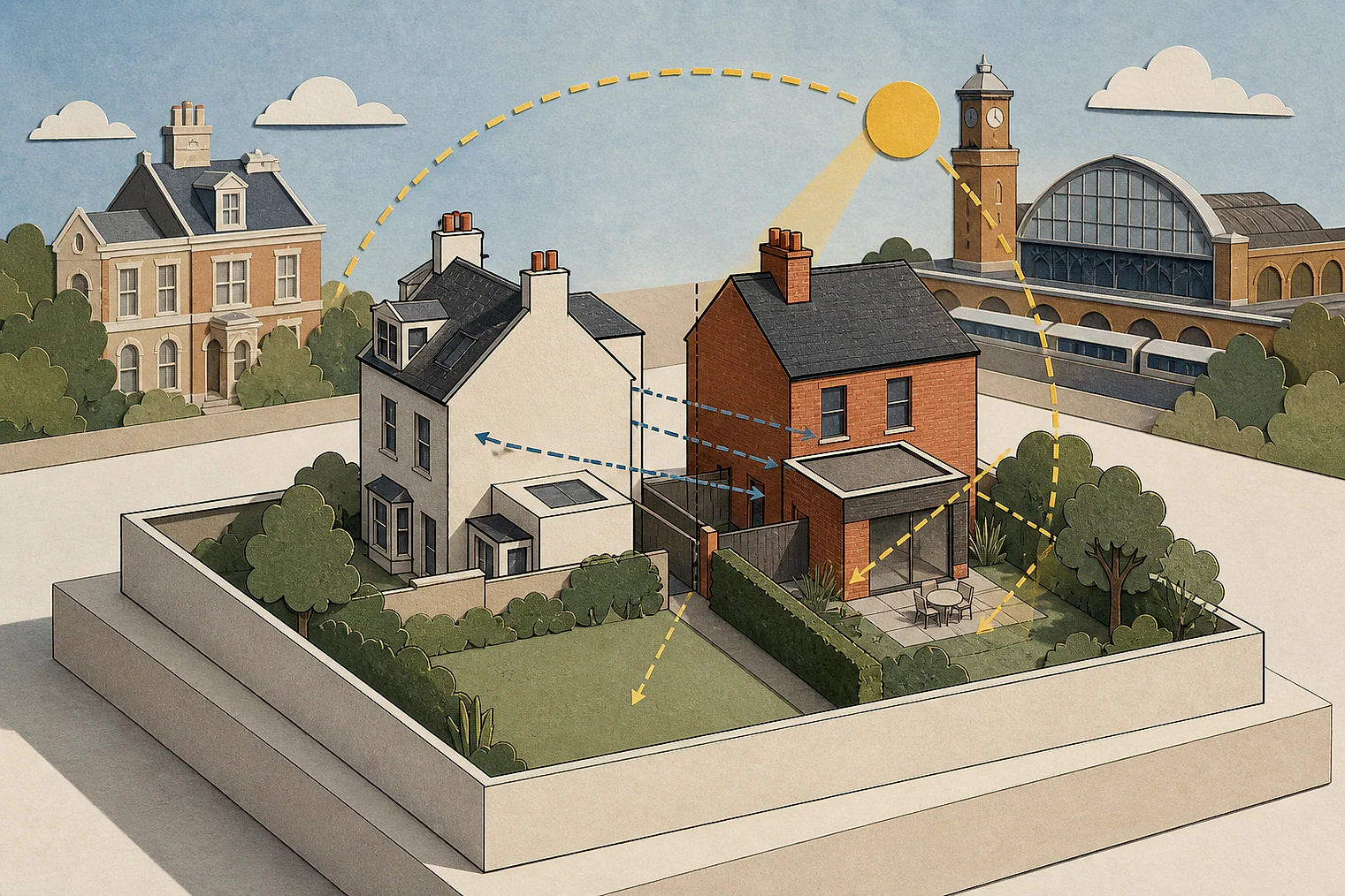 Cut-paper illustration of an imaginary privacy, daylight and neighbour living conditions planning issue in Camden, with simplified local landmarks.