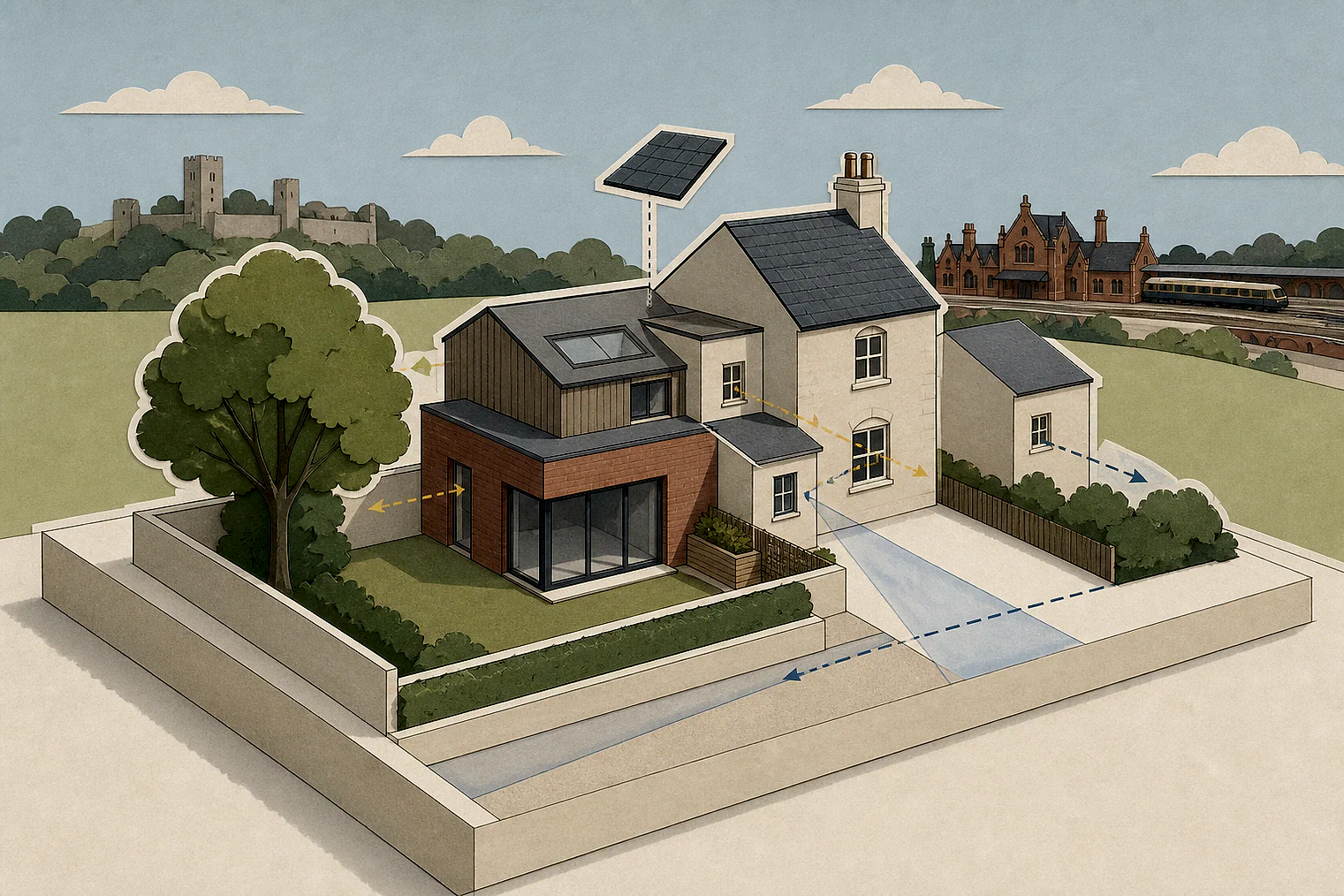 Cut-paper planning illustration for Cannock Chase, showing extensions, neighbours, access and open land near simplified local landmarks.