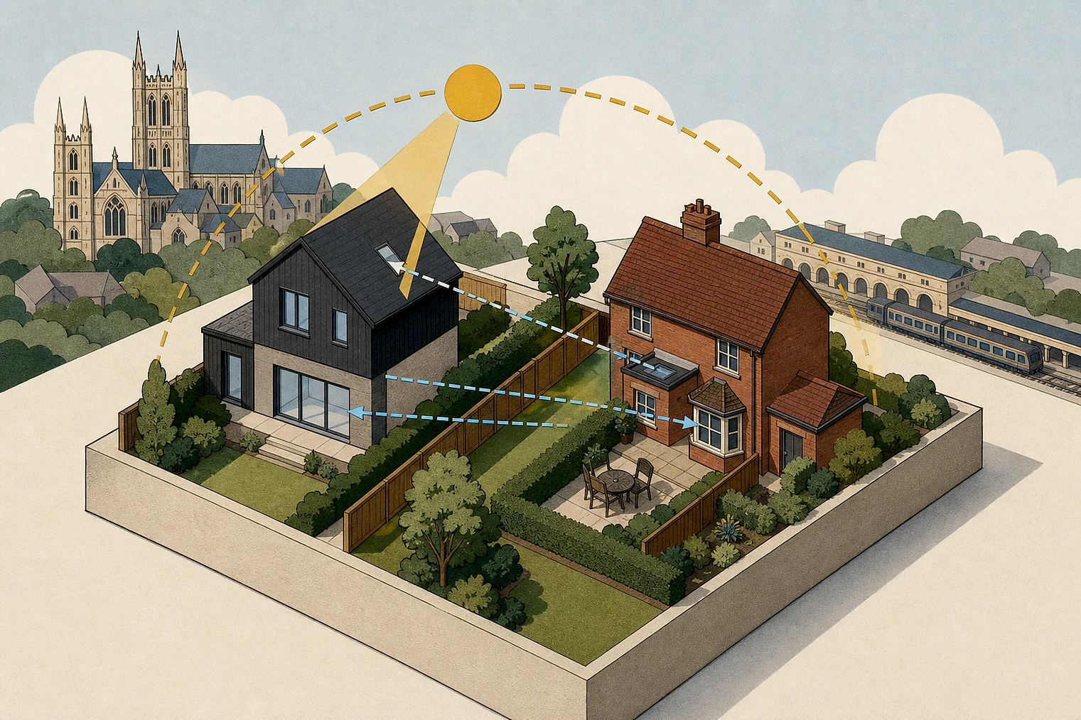 Cut-paper illustration of an imaginary privacy, daylight and neighbour living conditions planning issue in Canterbury, with simplified local landmarks.