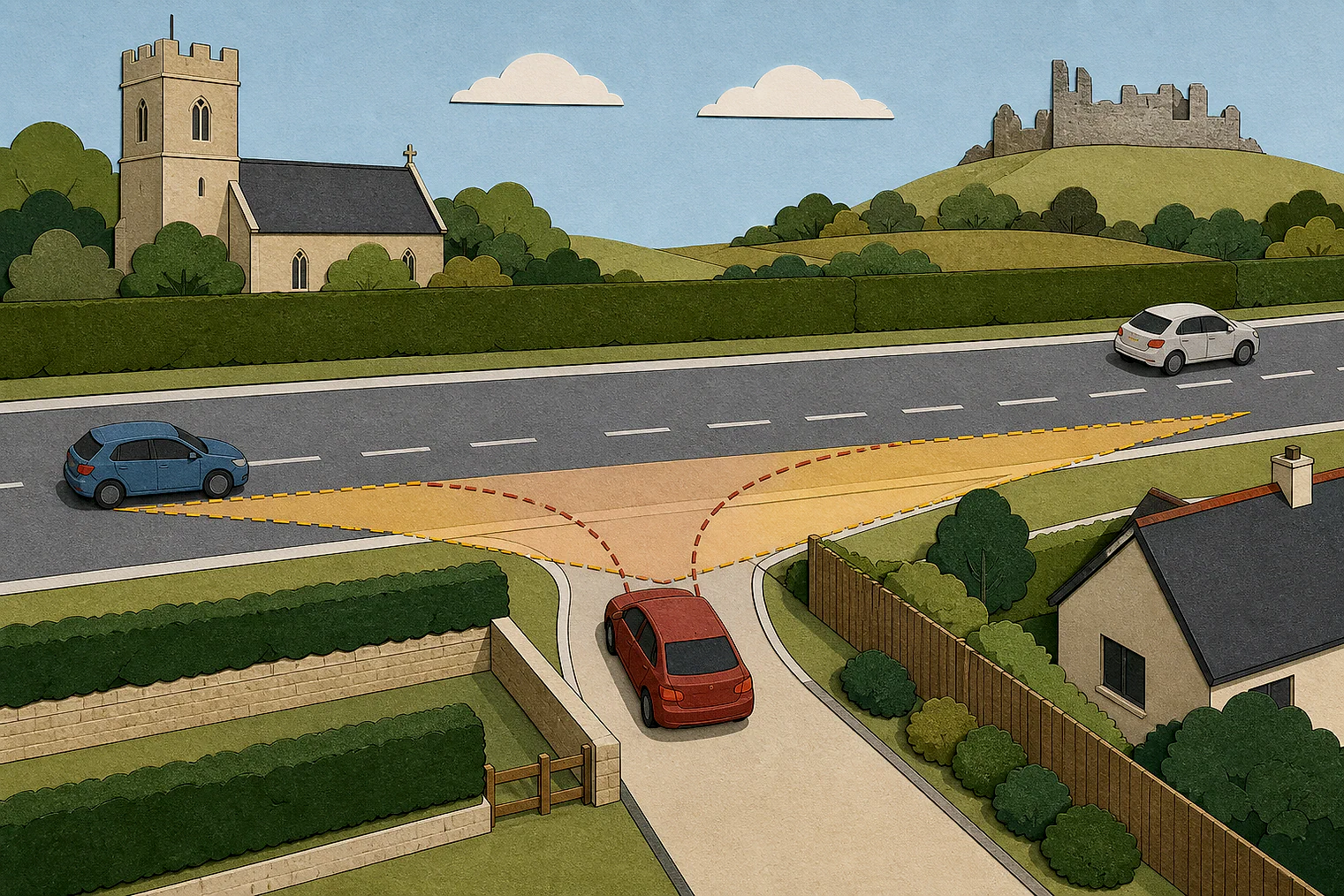 Cut-paper illustration of an imaginary access, visibility and highway safety planning issue in Castle Point, with simplified local landmarks.