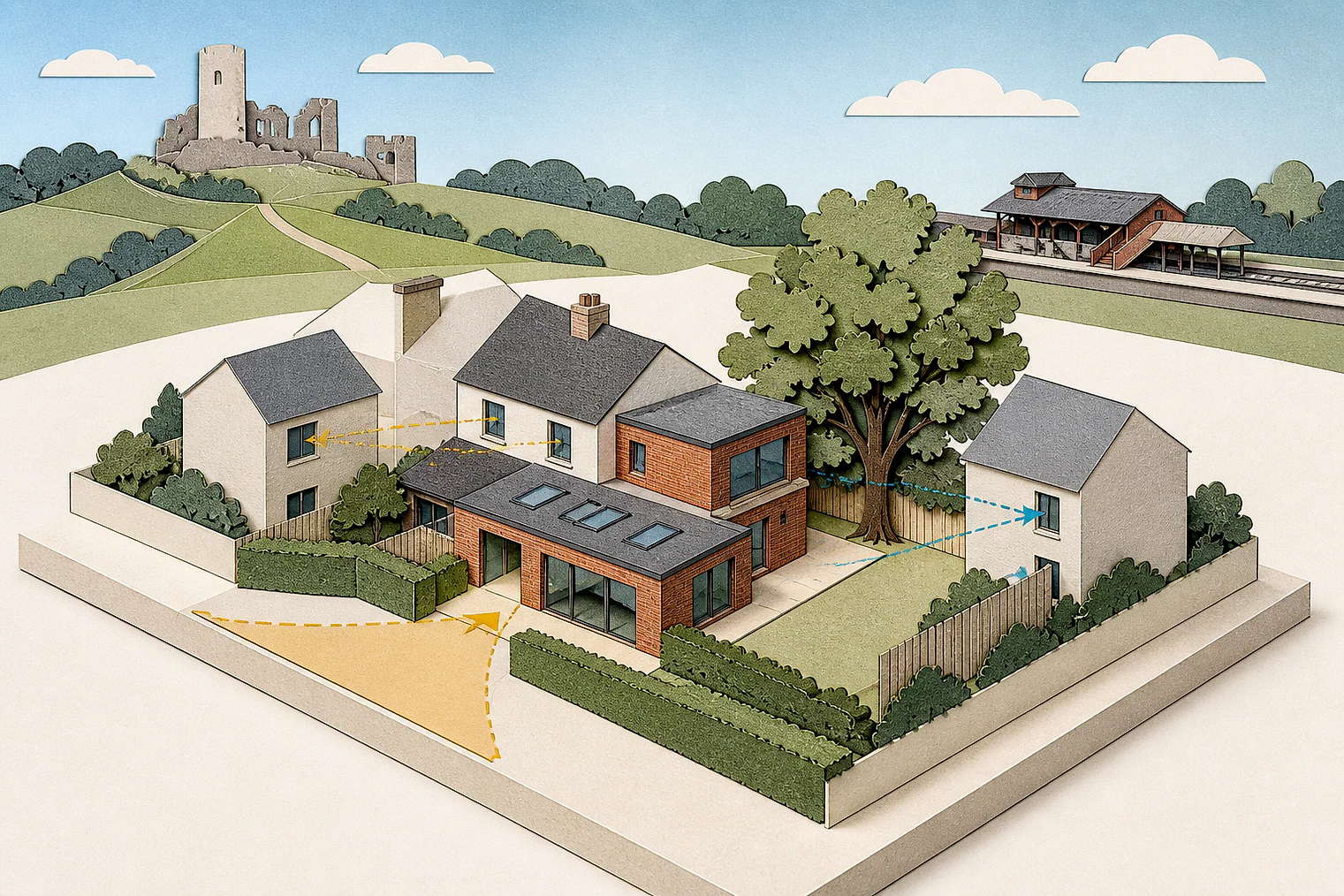 Cut-paper planning illustration for Castle Point, showing extensions, neighbours, access and open land near simplified local landmarks.