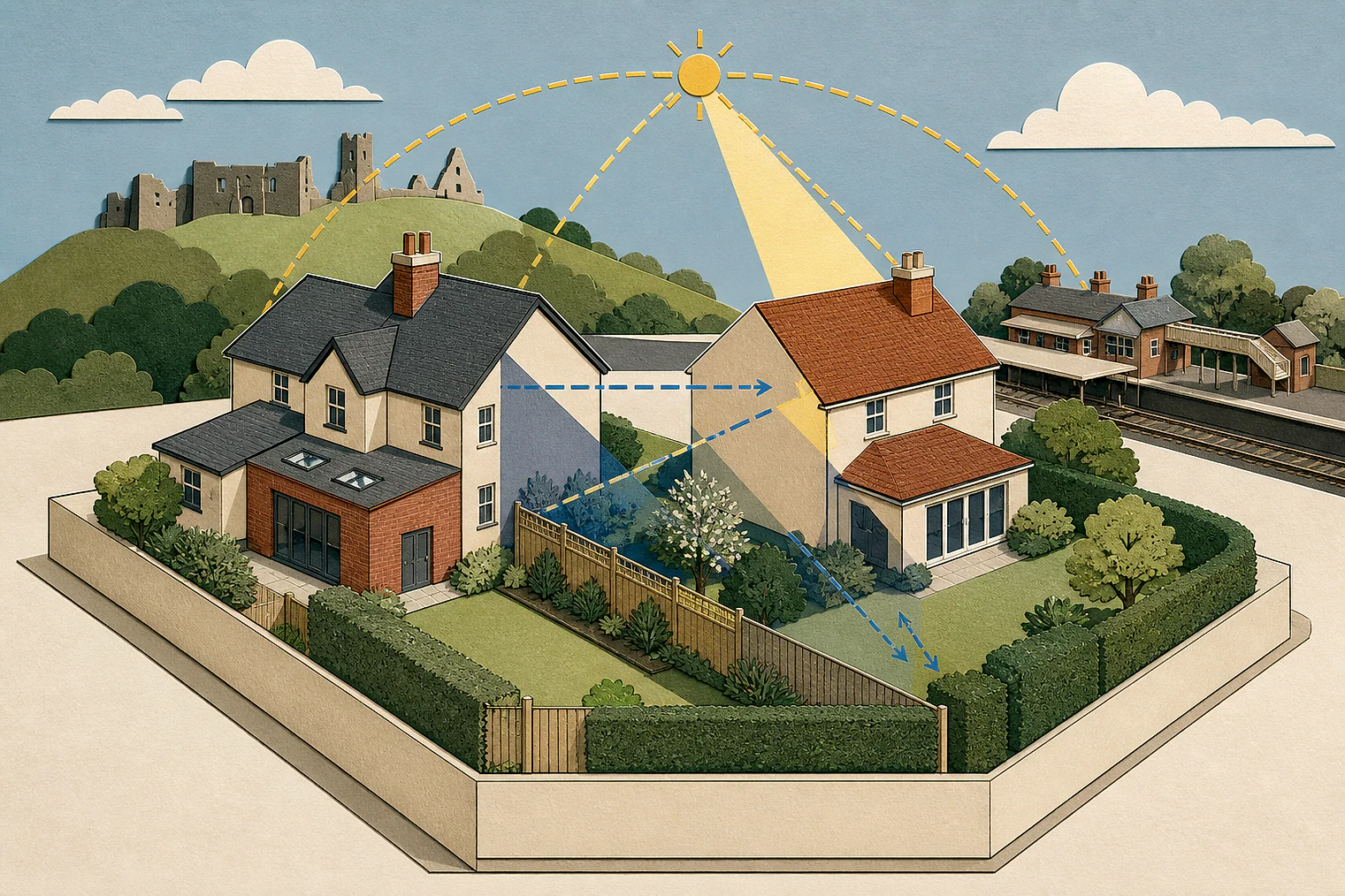 Cut-paper illustration of an imaginary privacy, daylight and neighbour living conditions planning issue in Castle Point, with simplified local landmarks.