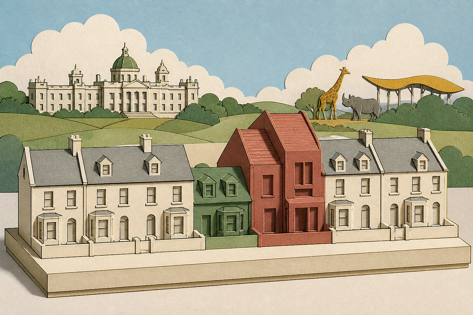 Cut-paper illustration of an imaginary character, scale and appearance planning issue in Central Bedfordshire, with simplified local landmarks.