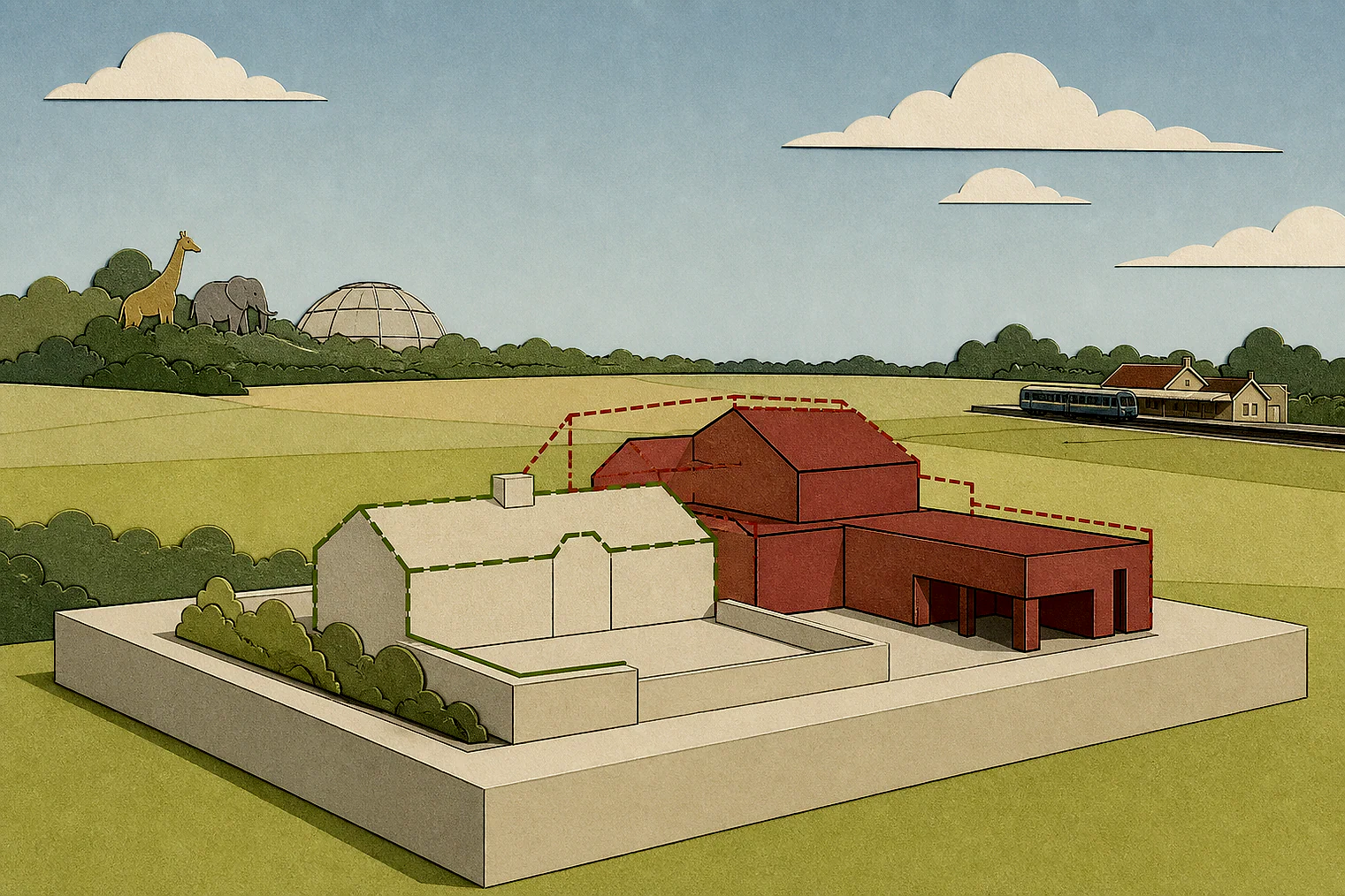 Cut-paper illustration of an imaginary building scale and Green Belt openness planning issue in Central Bedfordshire, with simplified local landmarks.