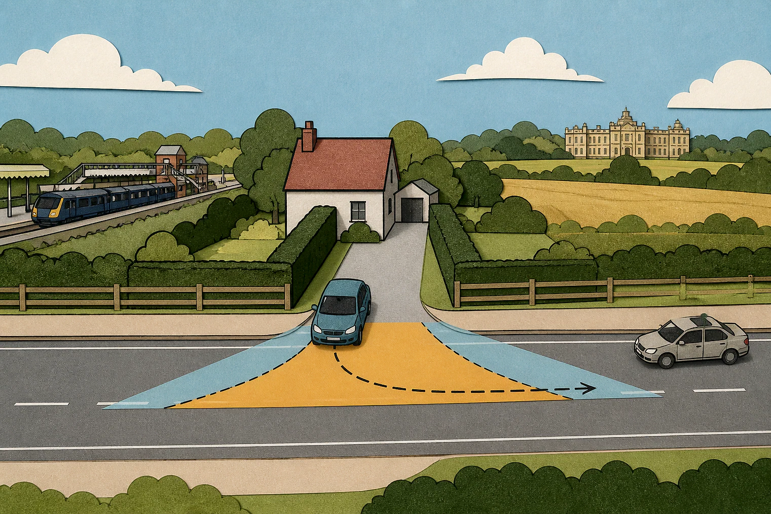 Cut-paper illustration of an imaginary access, visibility and highway safety planning issue in Central Bedfordshire, with simplified local landmarks.