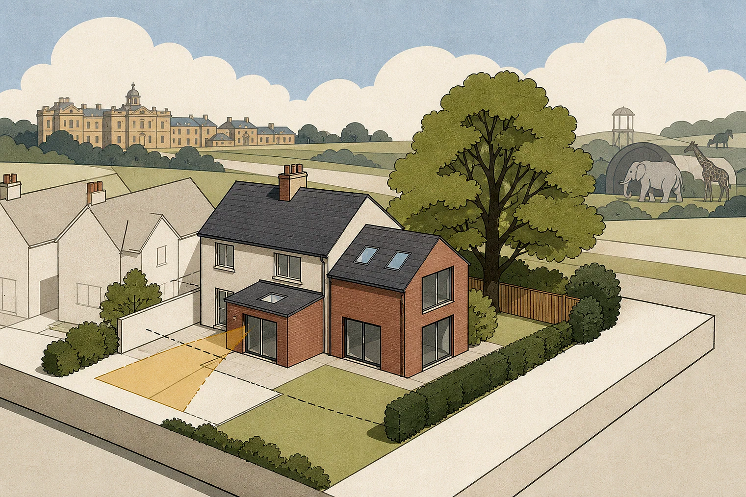 Cut-paper planning illustration for Central Bedfordshire, showing extensions, neighbours, access and open land near simplified local landmarks.