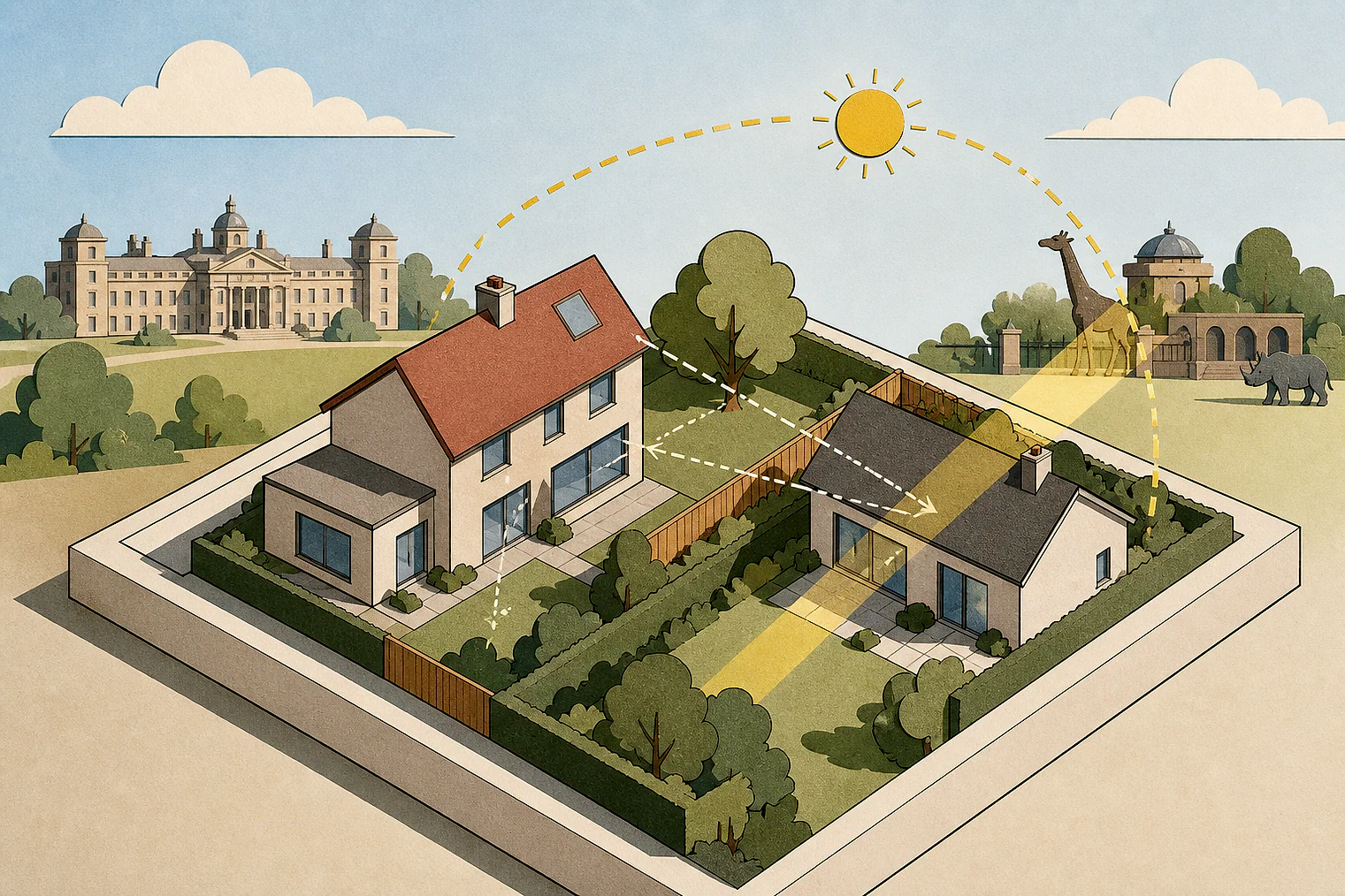 Cut-paper illustration of an imaginary privacy, daylight and neighbour living conditions planning issue in Central Bedfordshire, with simplified local landmarks.