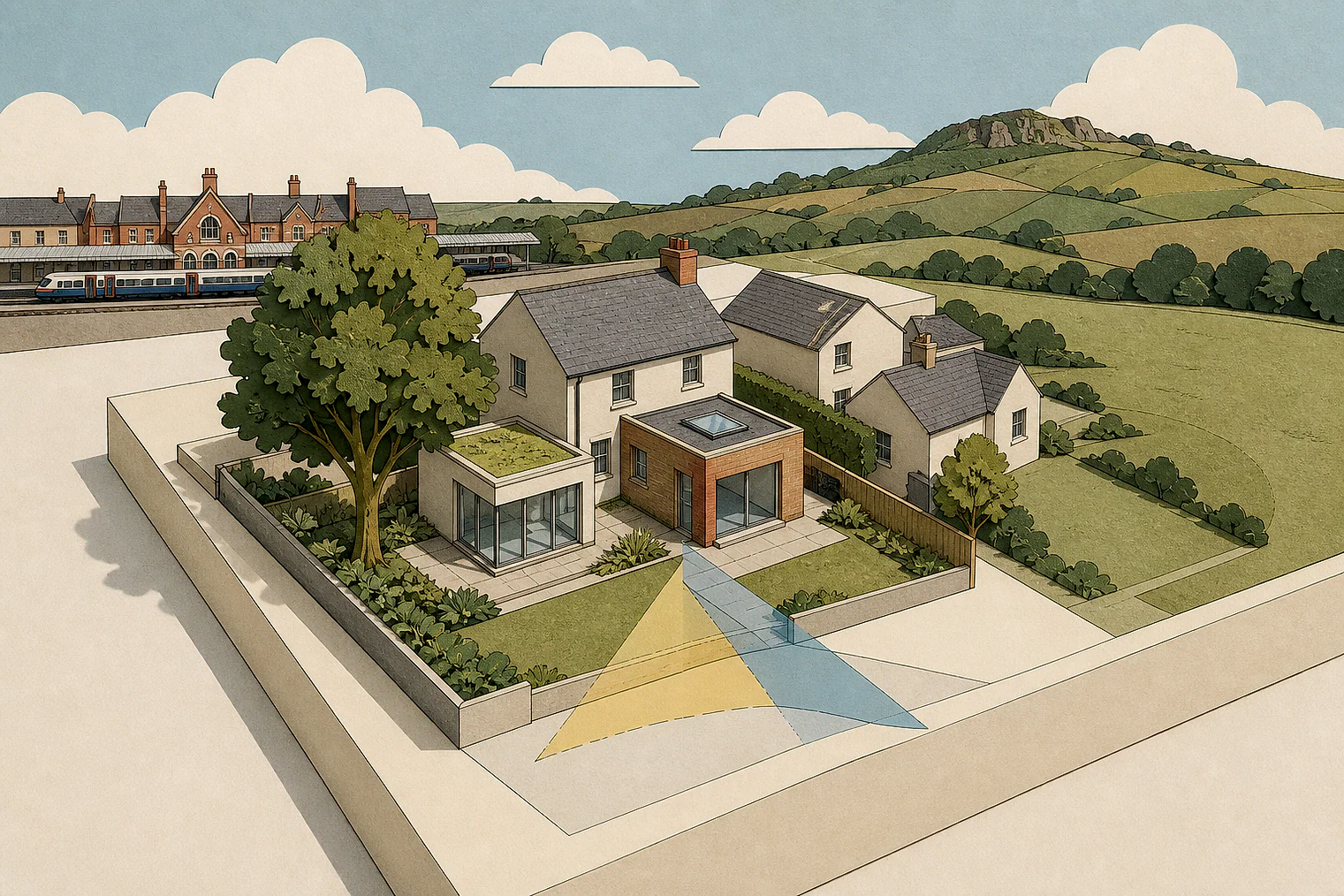 Cut-paper planning illustration for Charnwood, showing extensions, neighbours, access and open land near simplified local landmarks.