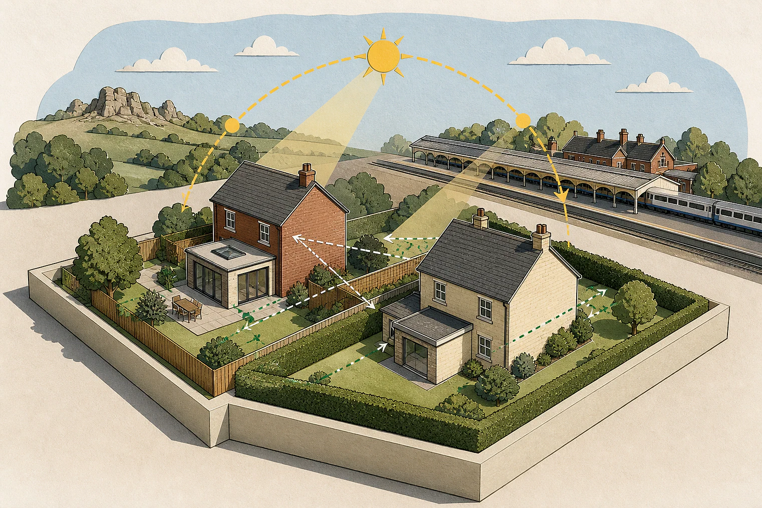Cut-paper illustration of an imaginary privacy, daylight and neighbour living conditions planning issue in Charnwood, with simplified local landmarks.