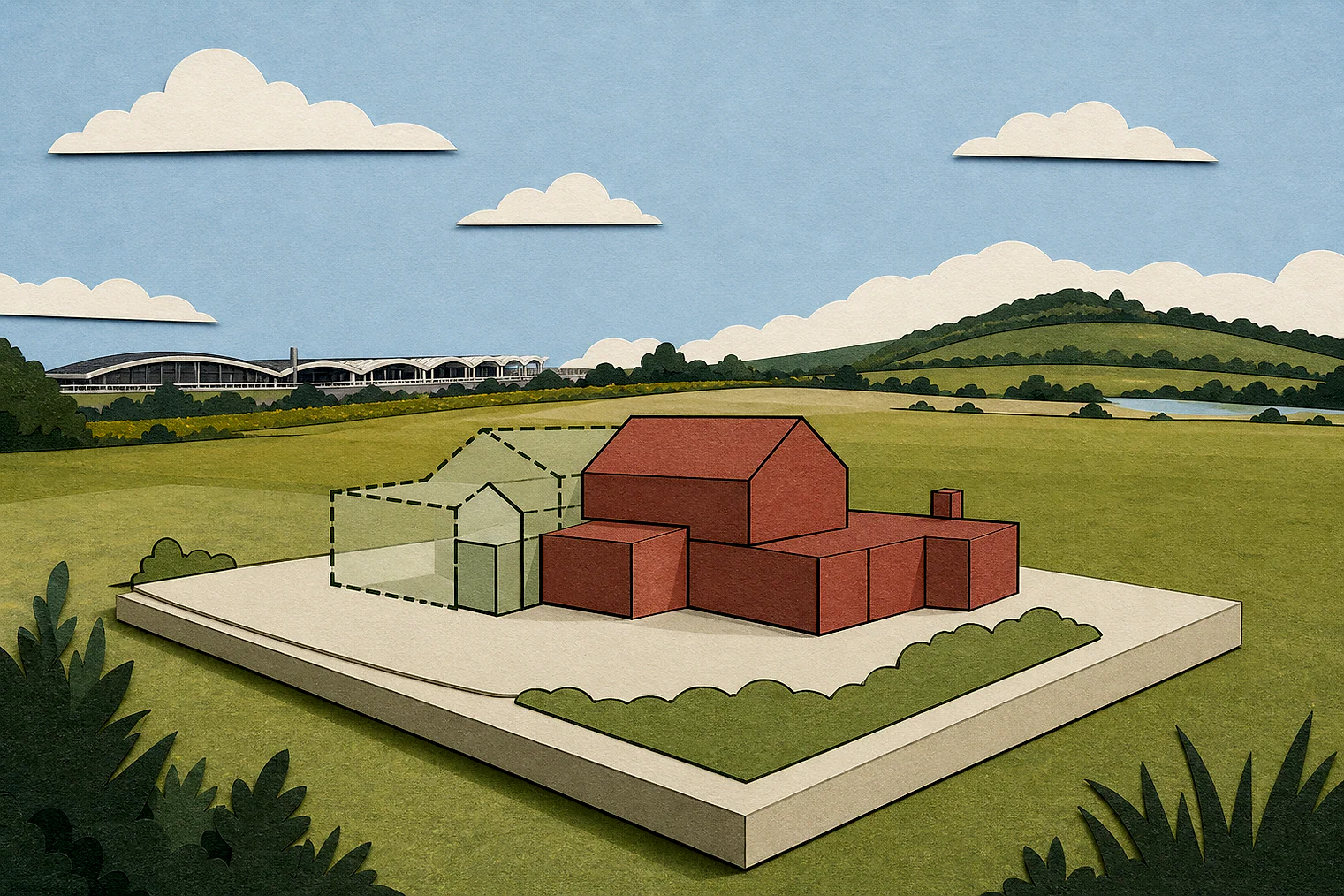 Cut-paper illustration of an imaginary building scale and Green Belt openness planning issue in Chelmsford, with simplified local landmarks.