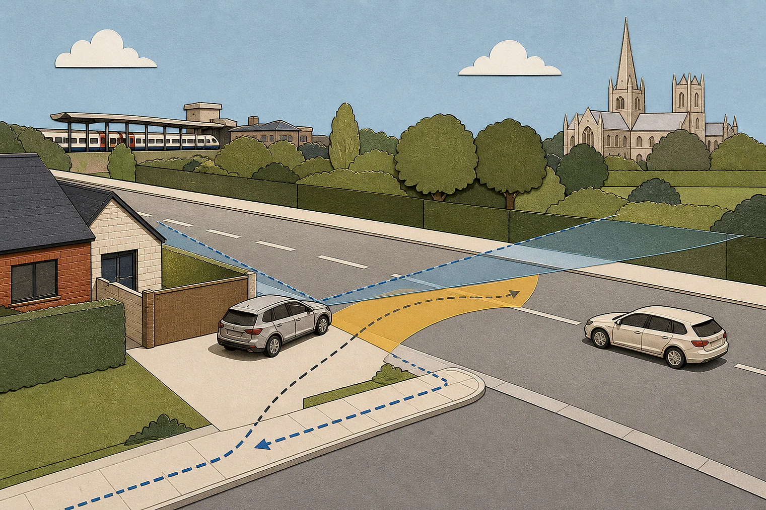 Cut-paper illustration of an imaginary access, visibility and highway safety planning issue in Chelmsford, with simplified local landmarks.