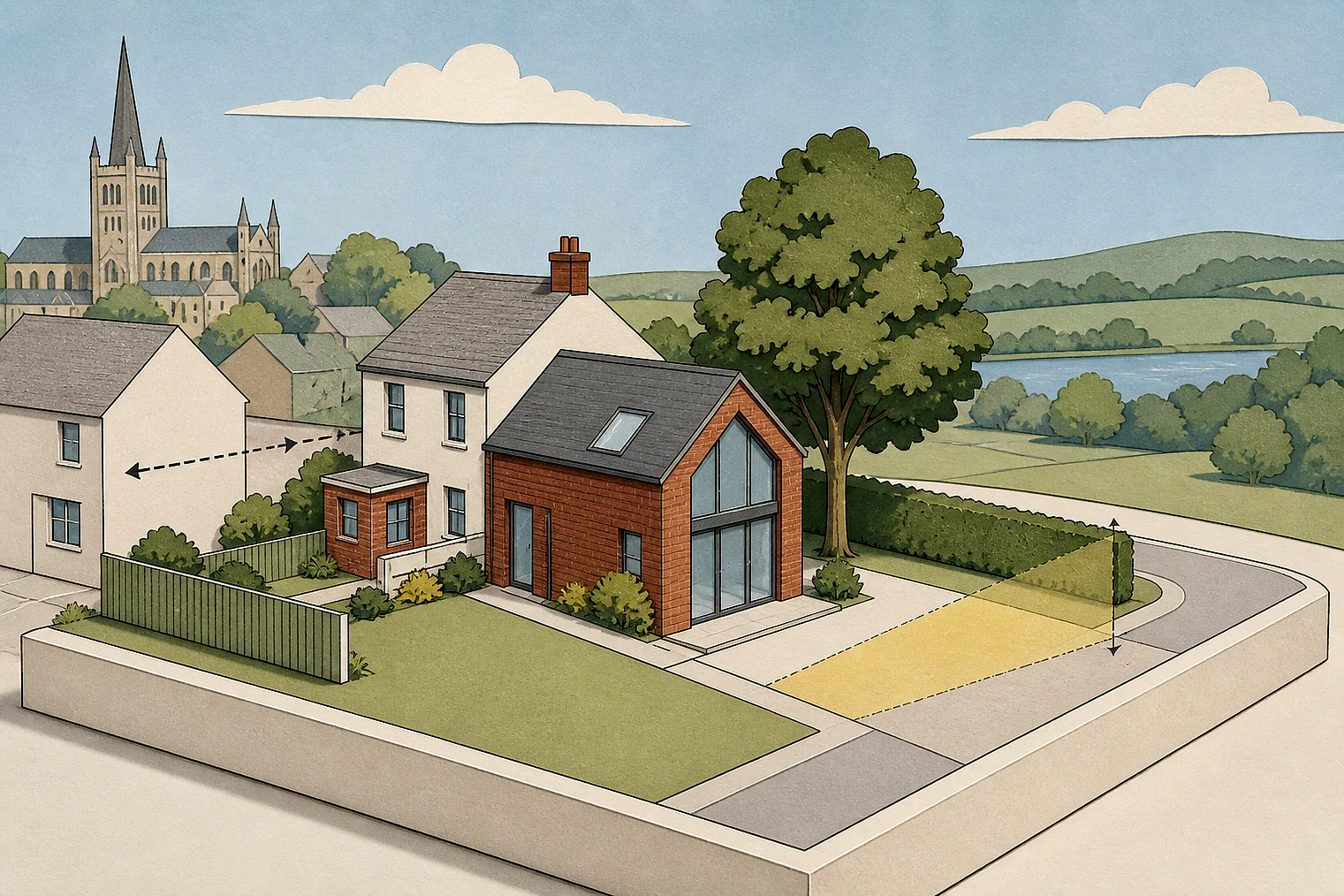 Cut-paper planning illustration for Chelmsford, showing extensions, neighbours, access and open land near simplified local landmarks.