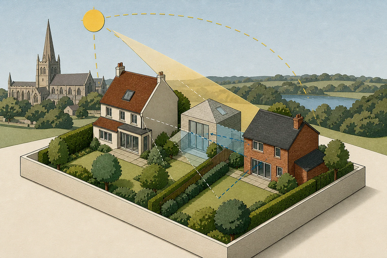 Cut-paper illustration of an imaginary privacy, daylight and neighbour living conditions planning issue in Chelmsford, with simplified local landmarks.