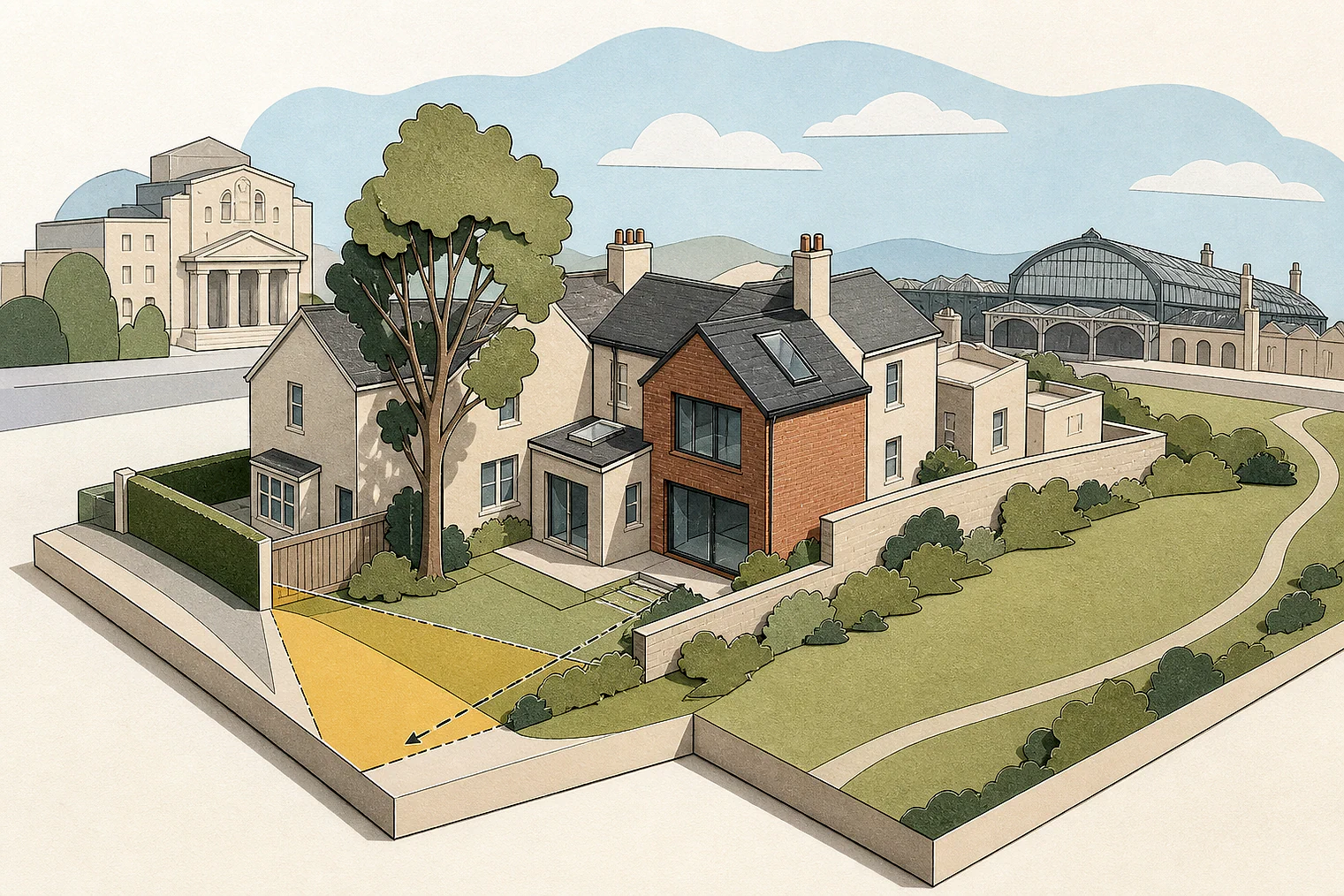 Cut-paper planning illustration for Cheltenham, showing extensions, neighbours, access and open land near simplified local landmarks.
