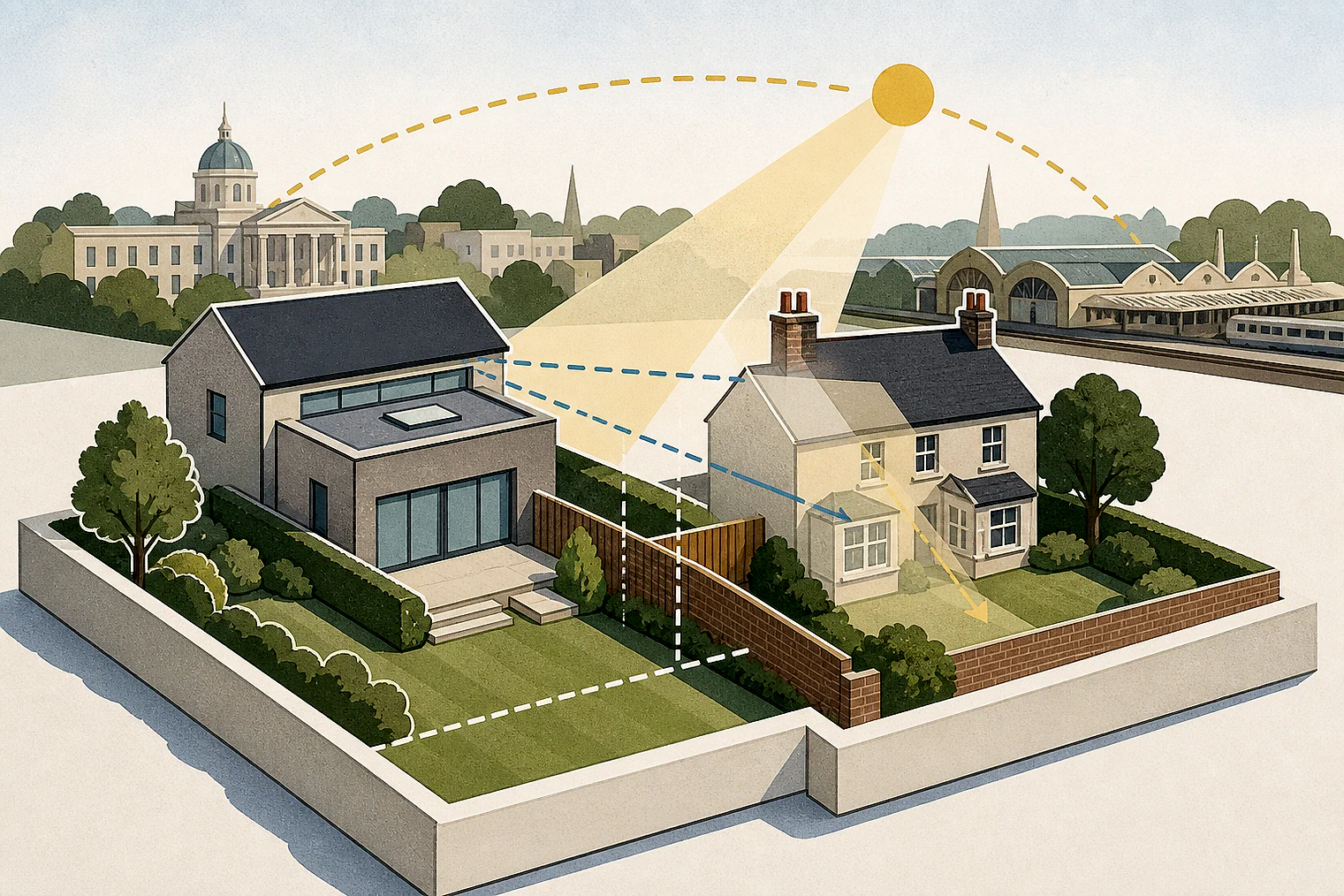 Cut-paper illustration of an imaginary privacy, daylight and neighbour living conditions planning issue in Cheltenham, with simplified local landmarks.