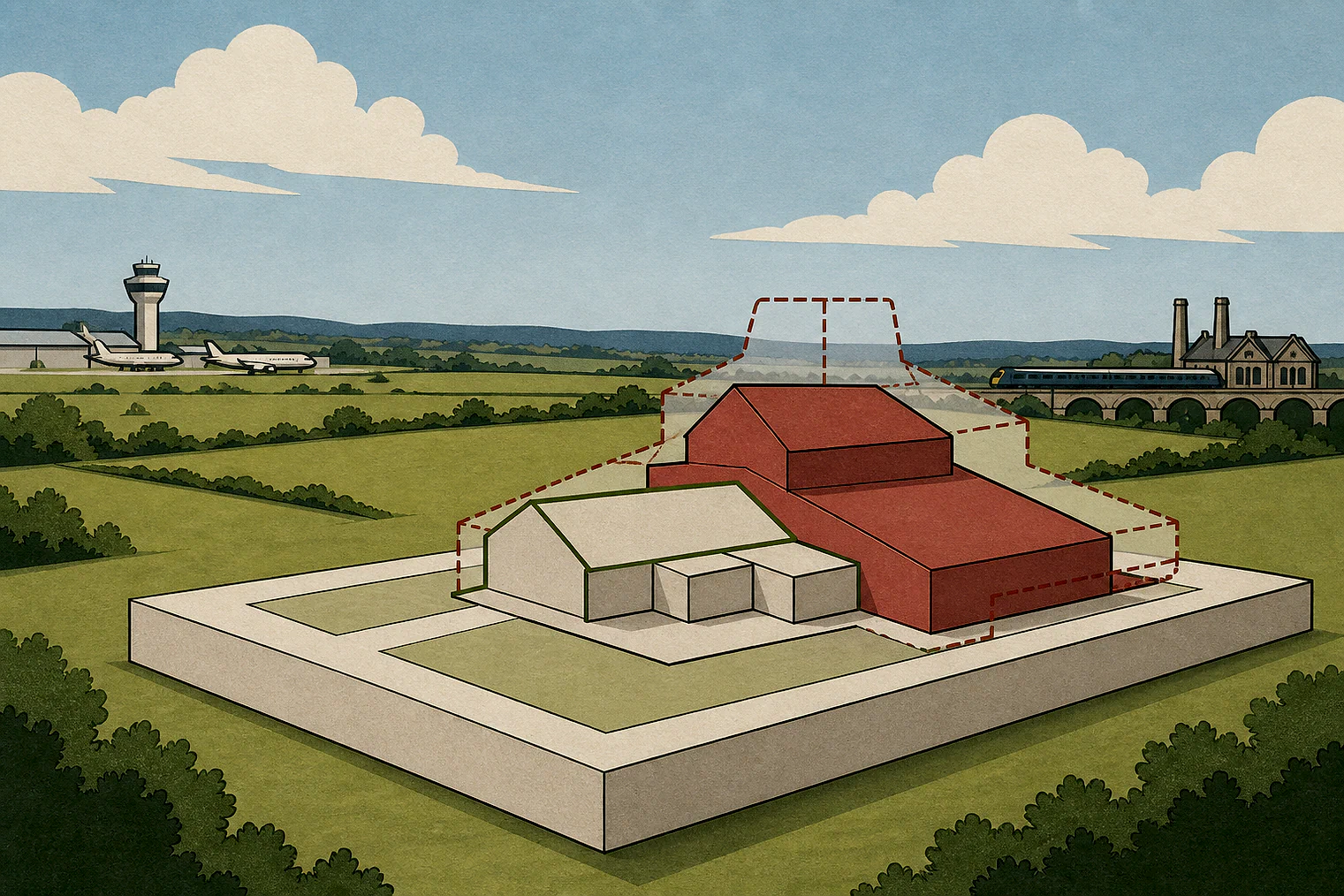 Cut-paper illustration of an imaginary building scale and Green Belt openness planning issue in Cherwell, with simplified local landmarks.