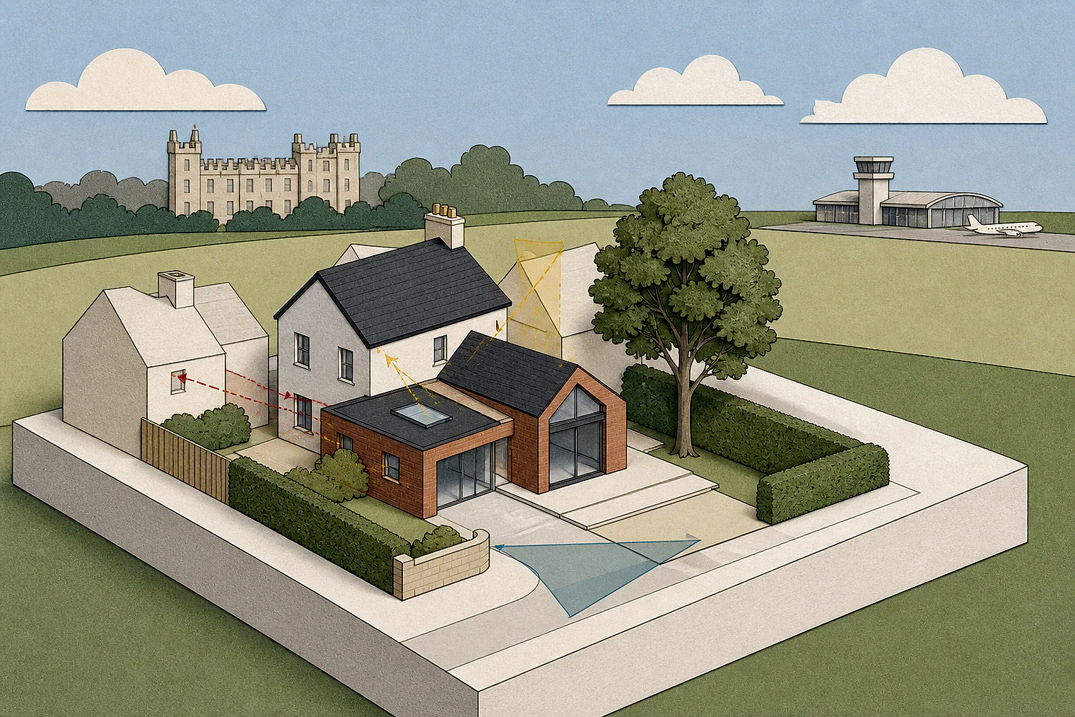 Cut-paper planning illustration for Cherwell, showing extensions, neighbours, access and open land near simplified local landmarks.