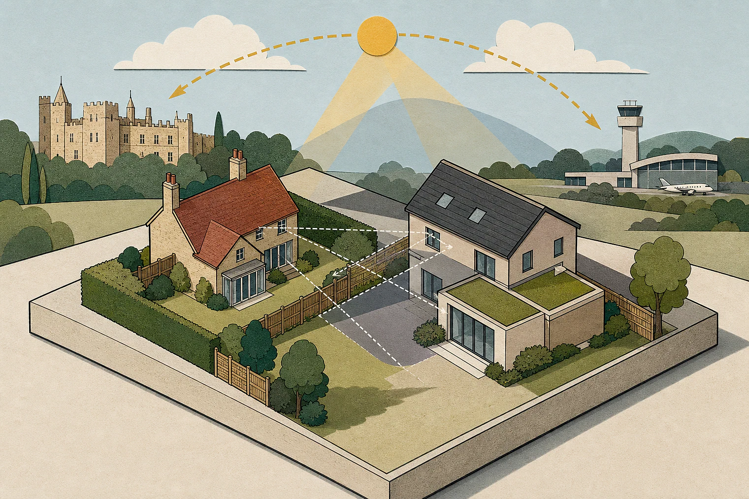 Cut-paper illustration of an imaginary privacy, daylight and neighbour living conditions planning issue in Cherwell, with simplified local landmarks.