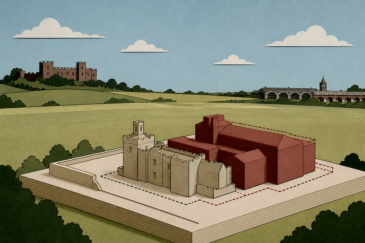 Cut-paper illustration of an imaginary building scale and Green Belt openness planning issue in Cheshire East, with simplified local landmarks.