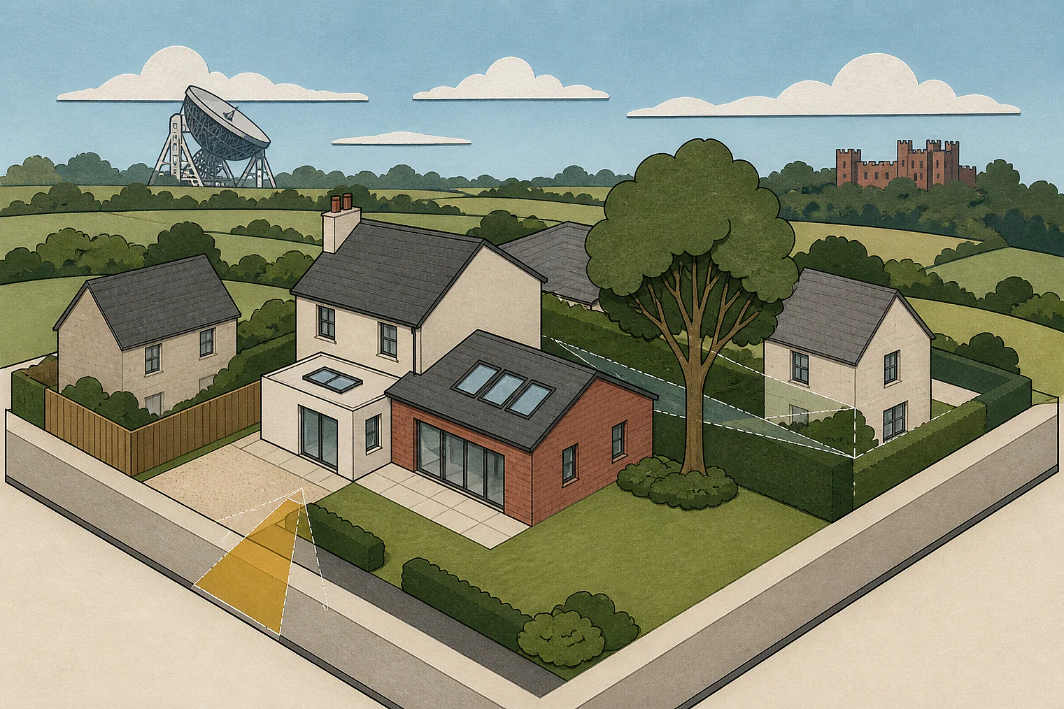 Cut-paper planning illustration for Cheshire East, showing extensions, neighbours, access and open land near simplified local landmarks.