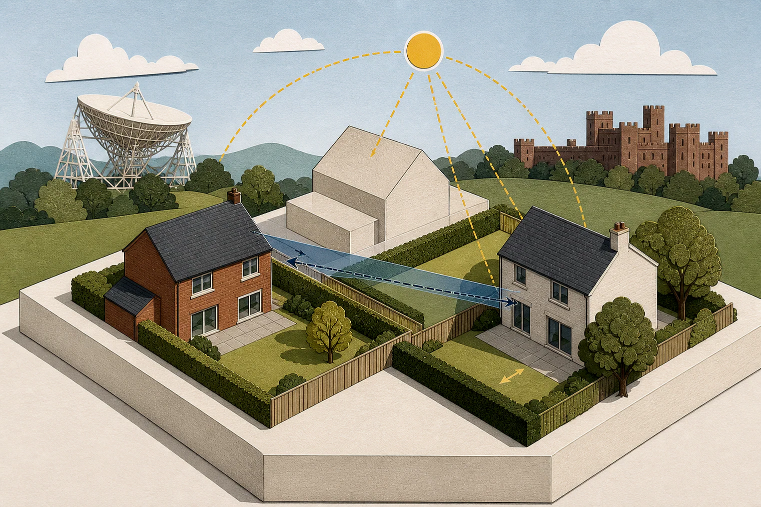 Cut-paper illustration of an imaginary privacy, daylight and neighbour living conditions planning issue in Cheshire East, with simplified local landmarks.