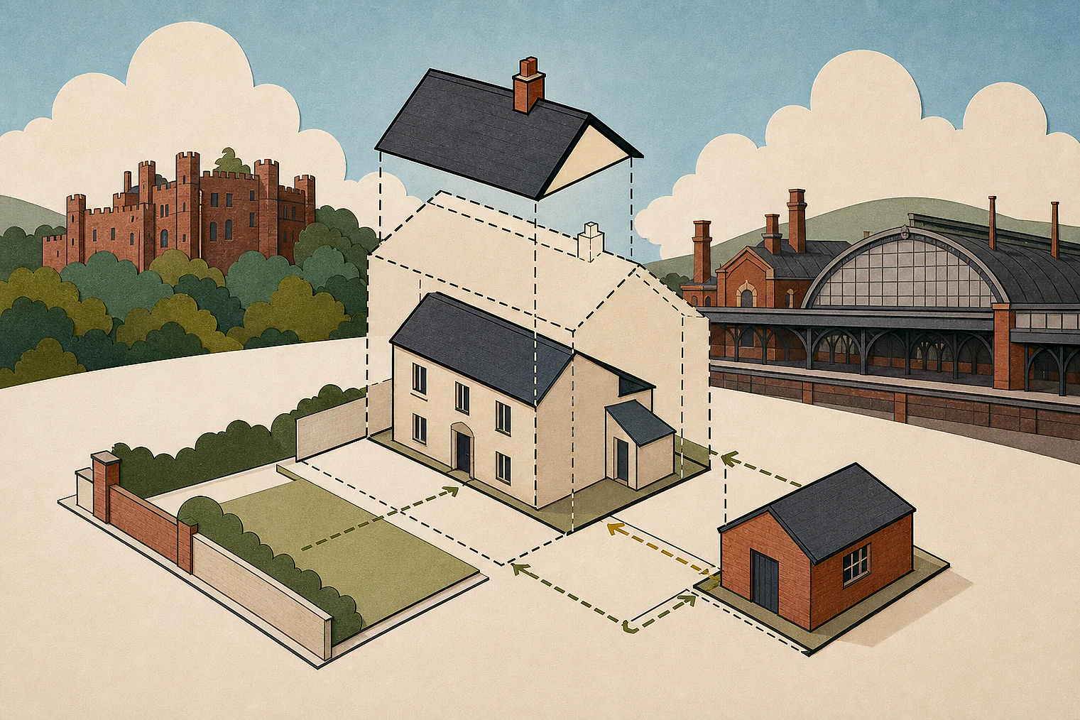 Cut-paper illustration of an imaginary permitted development dimensions and building relationships planning issue in Cheshire East, with simplified local landmarks.