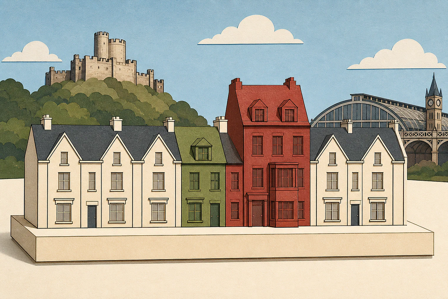 Cut-paper illustration of an imaginary character, scale and appearance planning issue in Cheshire West and Chester, with simplified local landmarks.