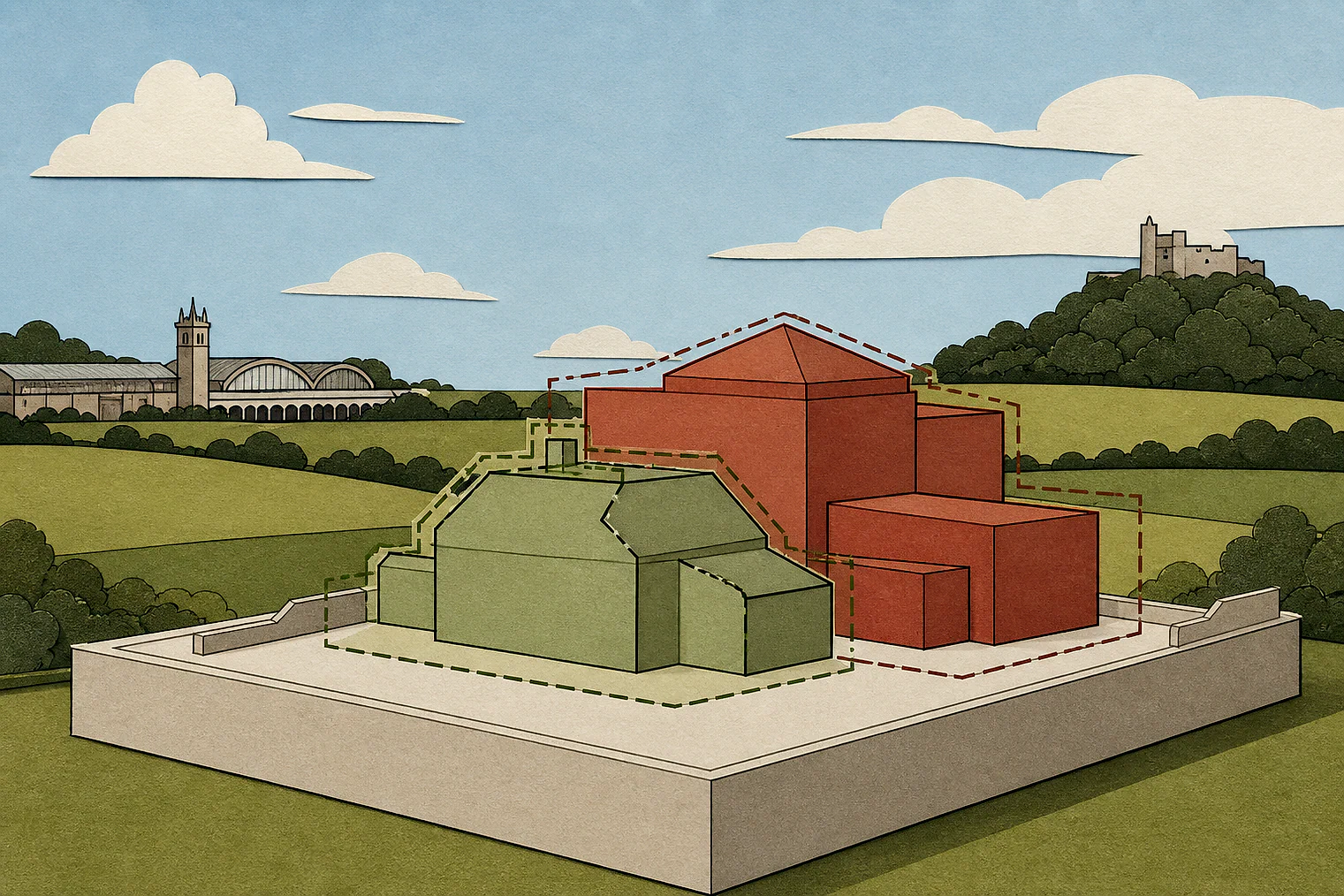 Cut-paper illustration of an imaginary building scale and Green Belt openness planning issue in Cheshire West and Chester, with simplified local landmarks.