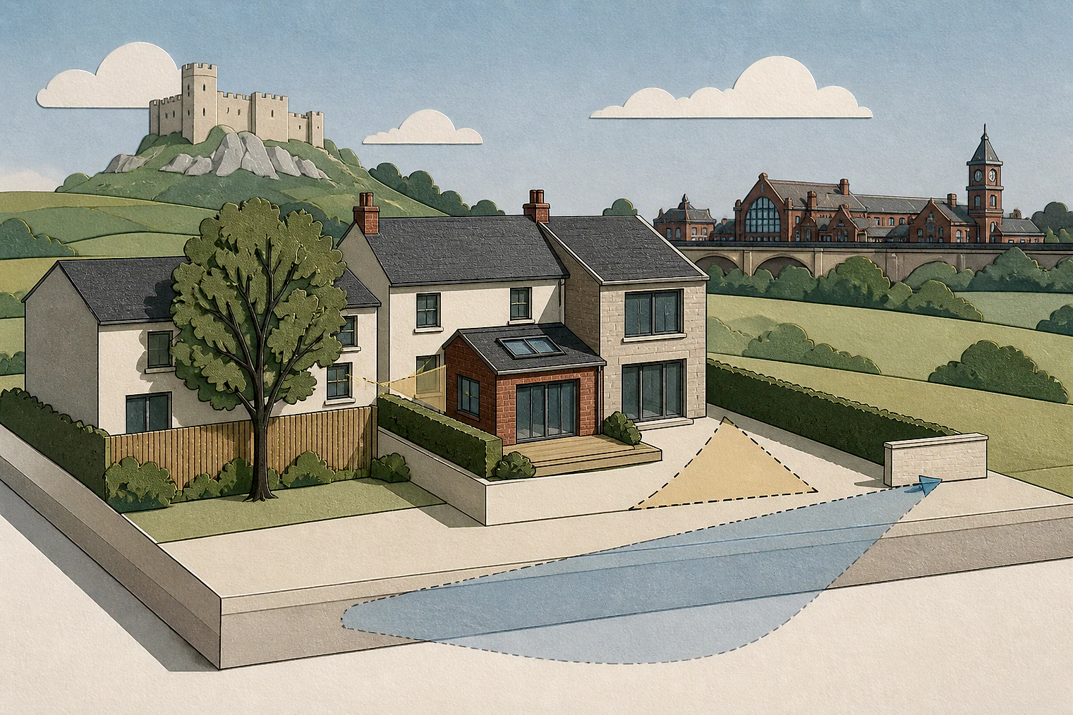 Cut-paper planning illustration for Cheshire West and Chester, showing extensions, neighbours, access and open land near simplified local landmarks.