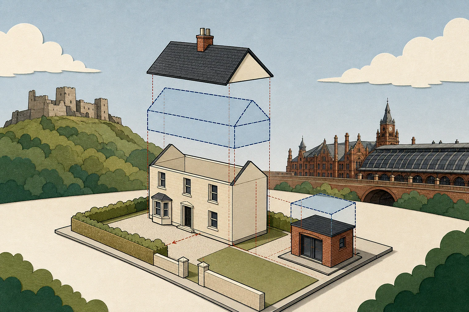 Cut-paper illustration of an imaginary permitted development dimensions and building relationships planning issue in Cheshire West and Chester, with simplified local landmarks.