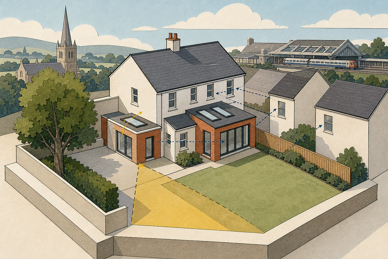 Cut-paper planning illustration for Chesterfield, showing extensions, neighbours, access and open land near simplified local landmarks.