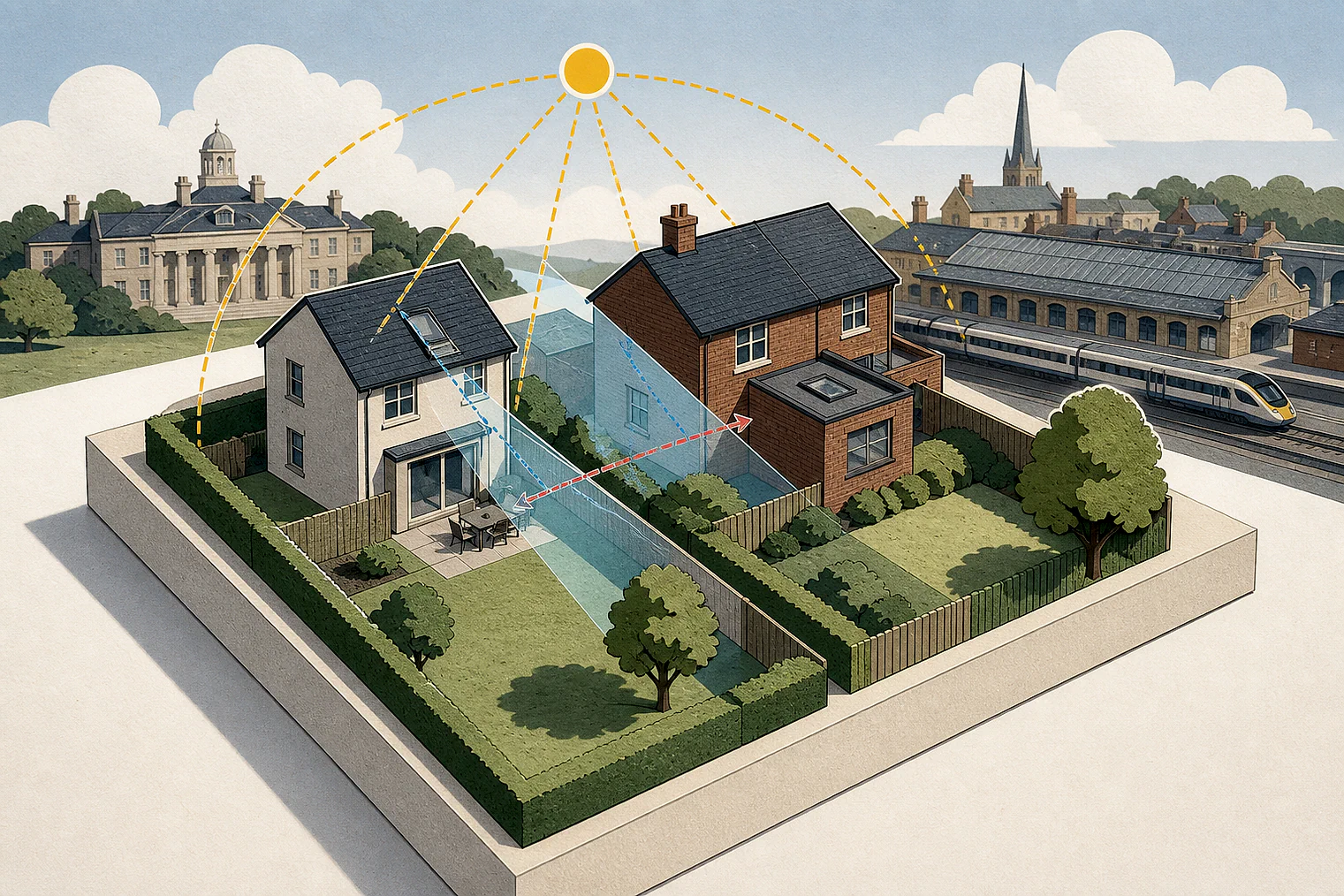 Cut-paper illustration of an imaginary privacy, daylight and neighbour living conditions planning issue in Chesterfield, with simplified local landmarks.
