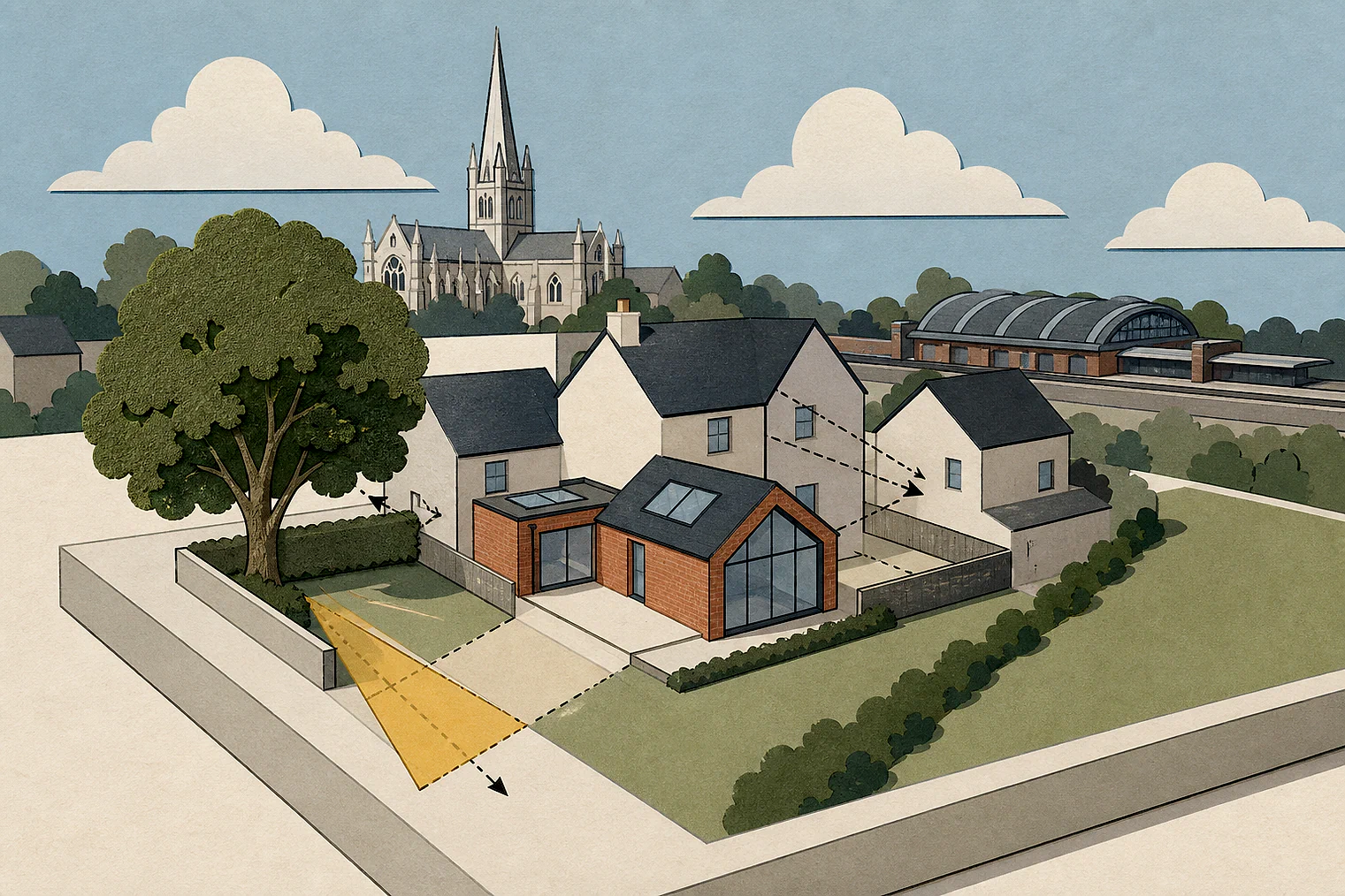 Cut-paper planning illustration for Chichester, showing extensions, neighbours, access and open land near simplified local landmarks.