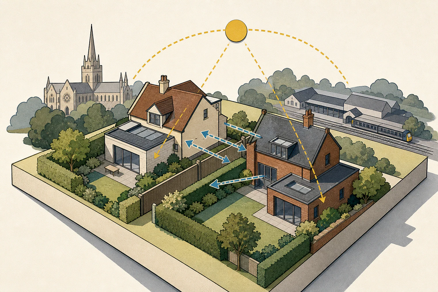 Cut-paper illustration of an imaginary privacy, daylight and neighbour living conditions planning issue in Chichester, with simplified local landmarks.