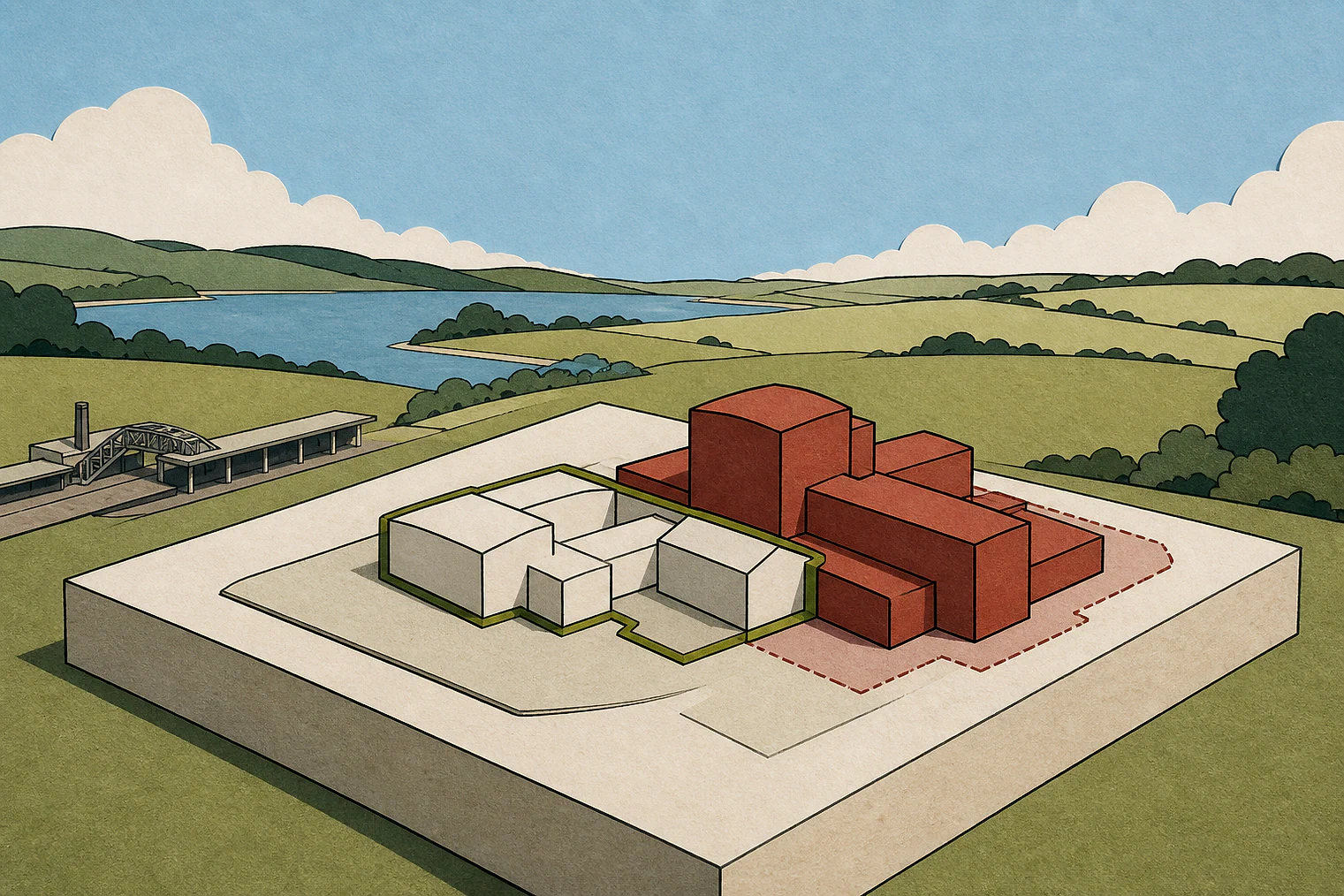 Cut-paper illustration of an imaginary building scale and Green Belt openness planning issue in Chorley, with simplified local landmarks.