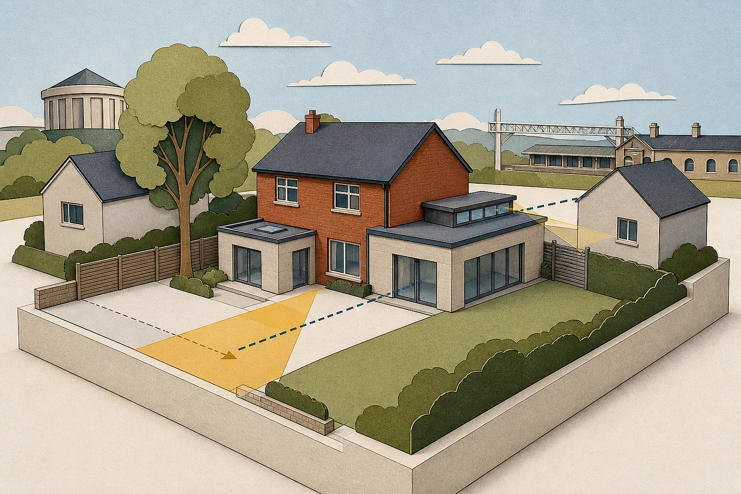 Cut-paper planning illustration for Chorley, showing extensions, neighbours, access and open land near simplified local landmarks.