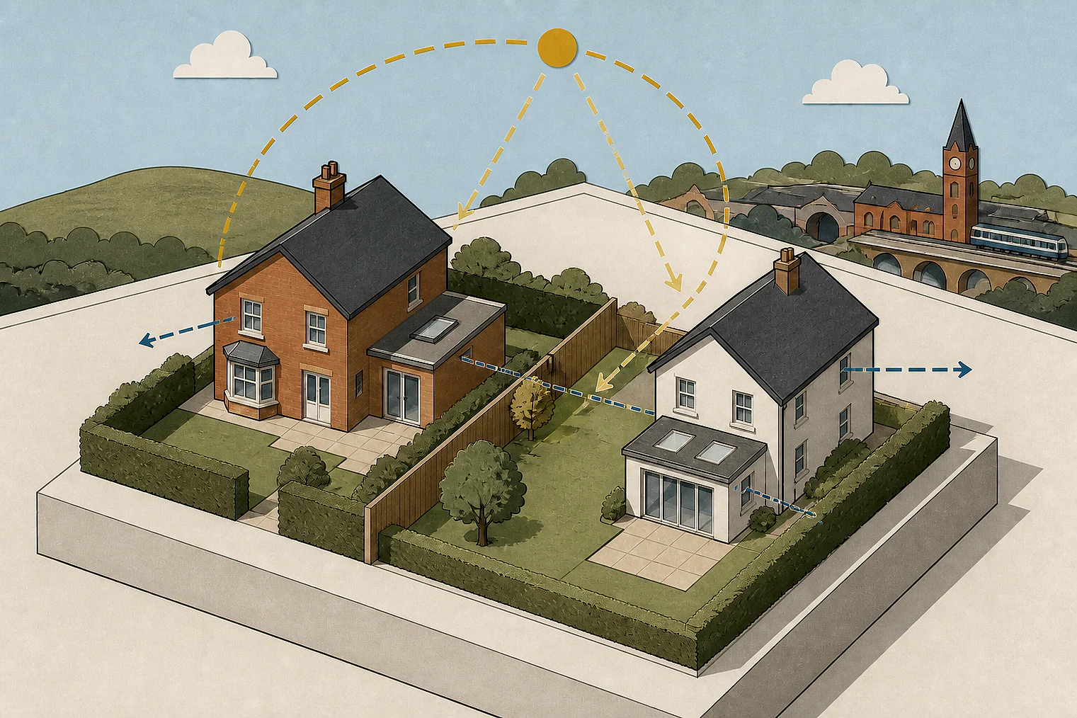 Cut-paper illustration of an imaginary privacy, daylight and neighbour living conditions planning issue in Chorley, with simplified local landmarks.