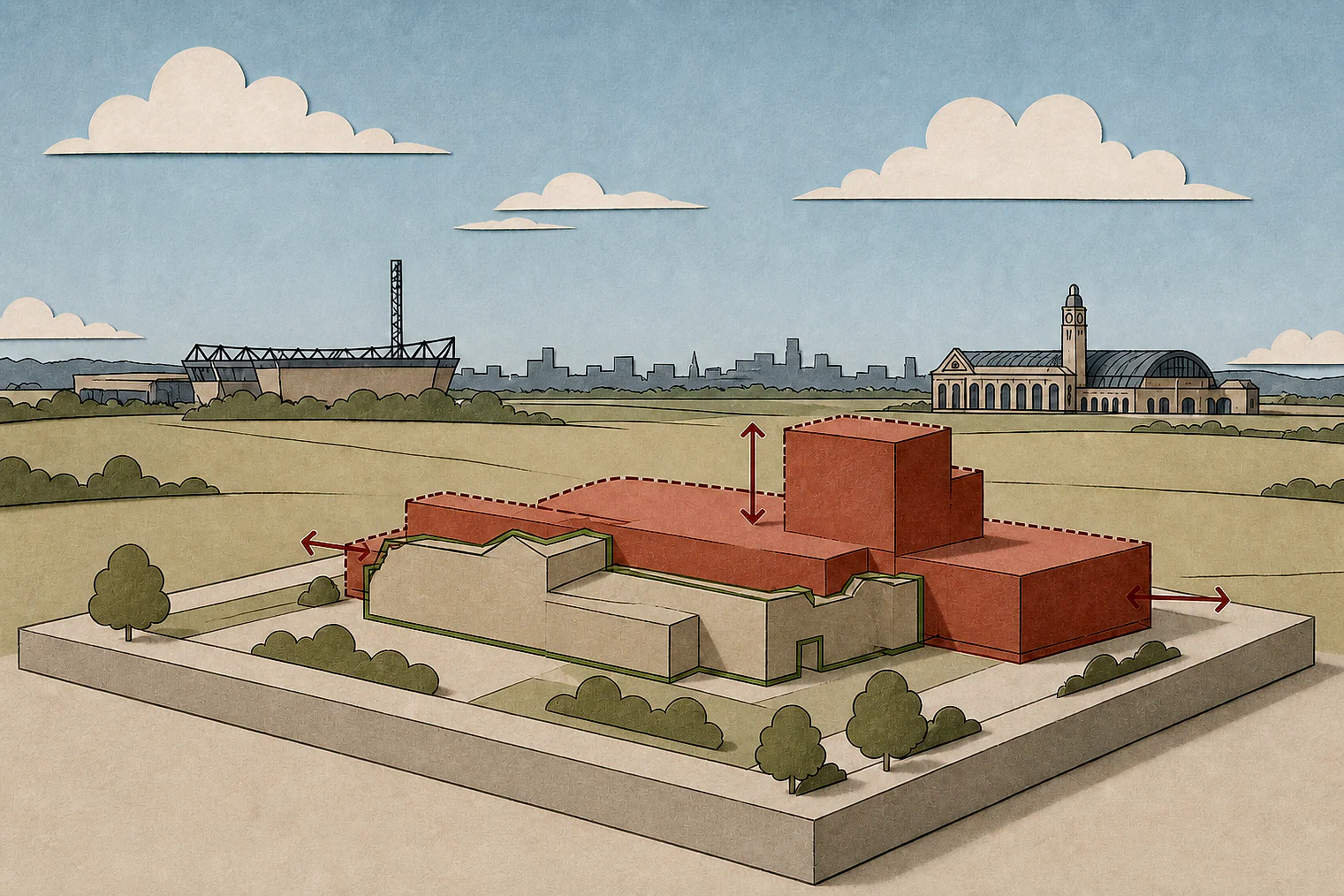 Cut-paper illustration of an imaginary building scale and Green Belt openness planning issue in City of Bradford Metropolitan, with simplified local landmarks.