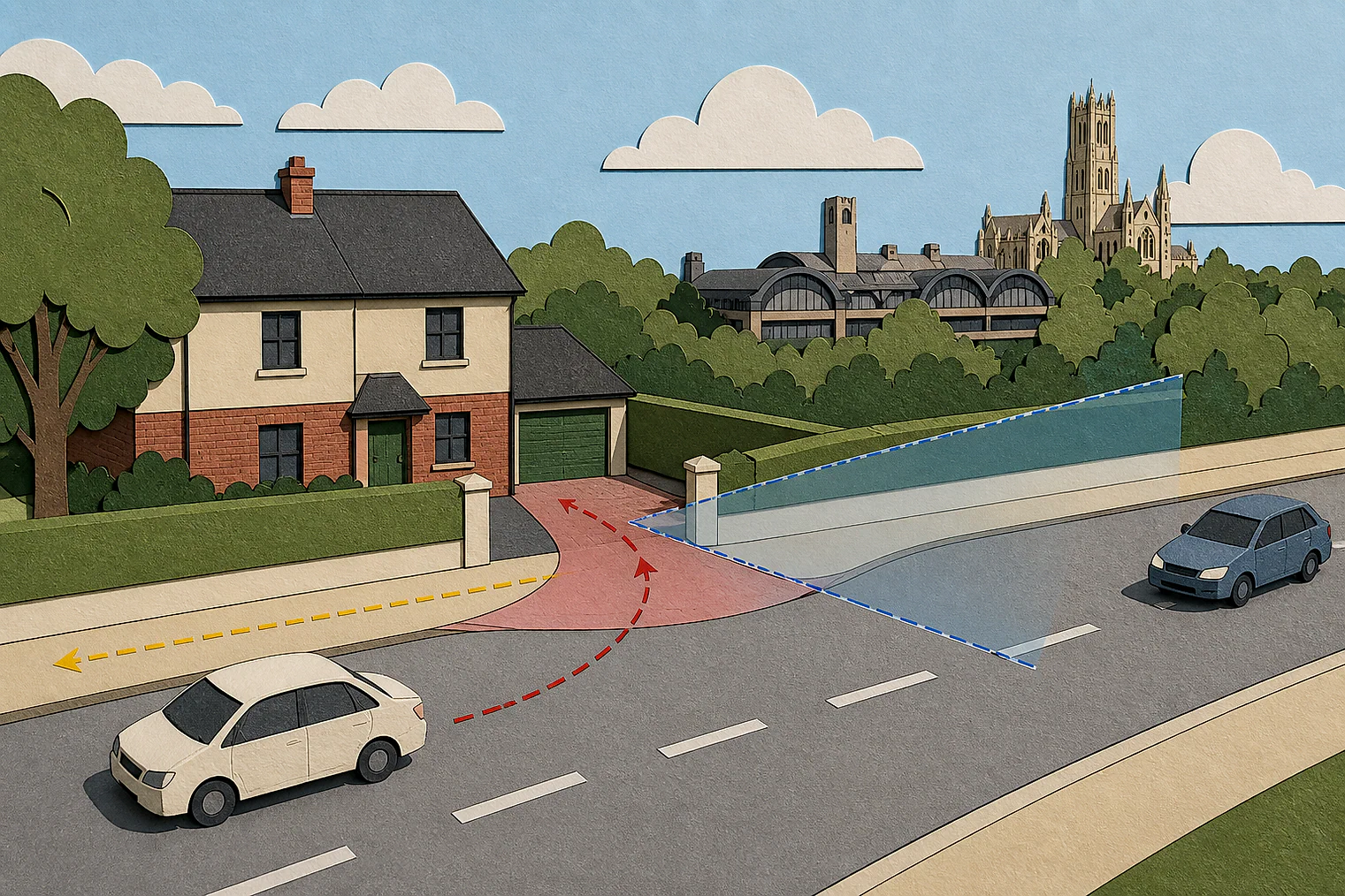 Cut-paper illustration of an imaginary access, visibility and highway safety planning issue in City of Bradford Metropolitan, with simplified local landmarks.