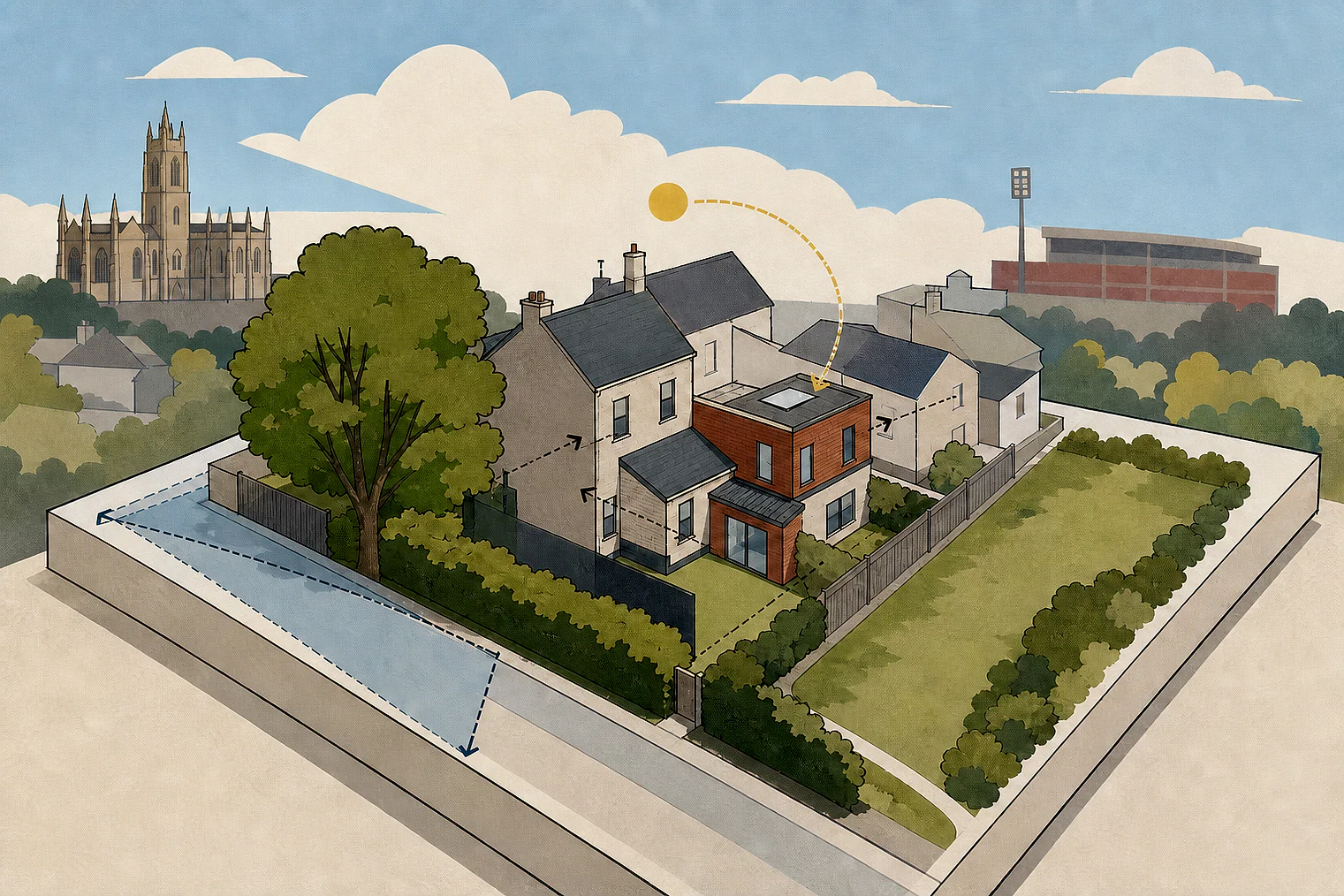 Cut-paper planning illustration for City of Bradford Metropolitan, showing extensions, neighbours, access and open land near simplified local landmarks.