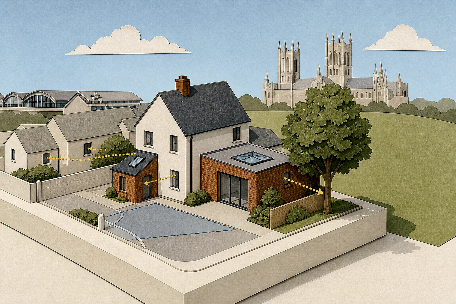 Cut-paper planning illustration for City of Lincoln, showing extensions, neighbours, access and open land near simplified local landmarks.