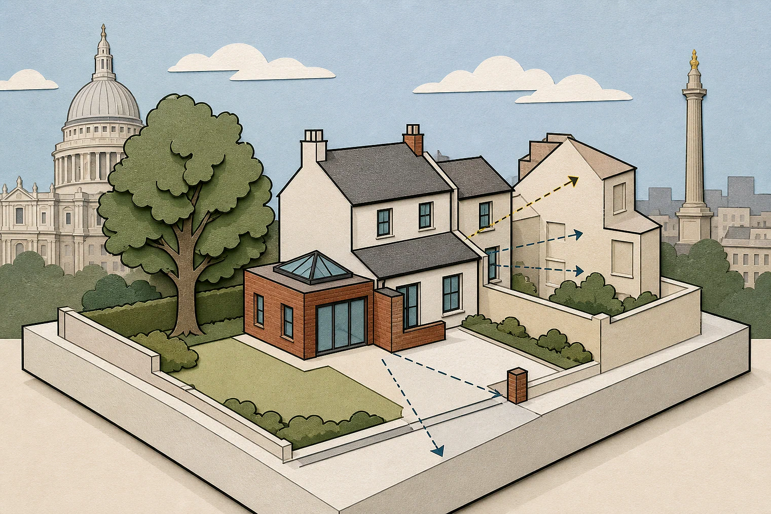 Cut-paper planning illustration for City of London, showing extensions, neighbours, access and open land near simplified local landmarks.