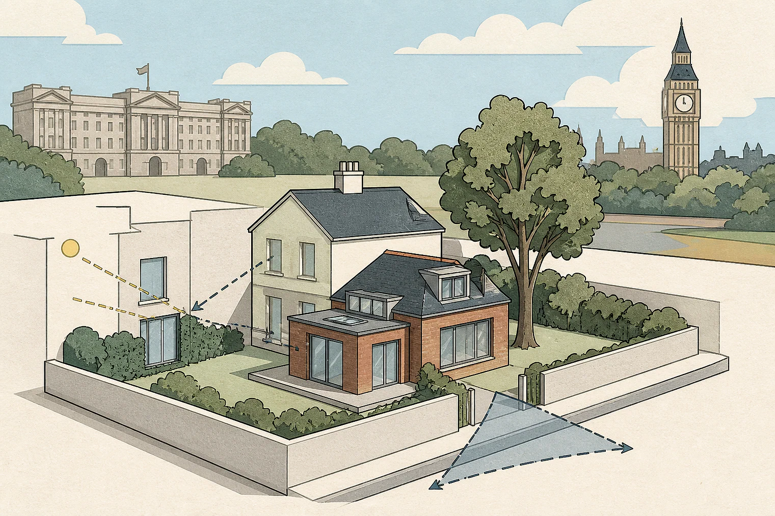 Cut-paper planning illustration for City of Westminster, showing extensions, neighbours, access and open land near simplified local landmarks.