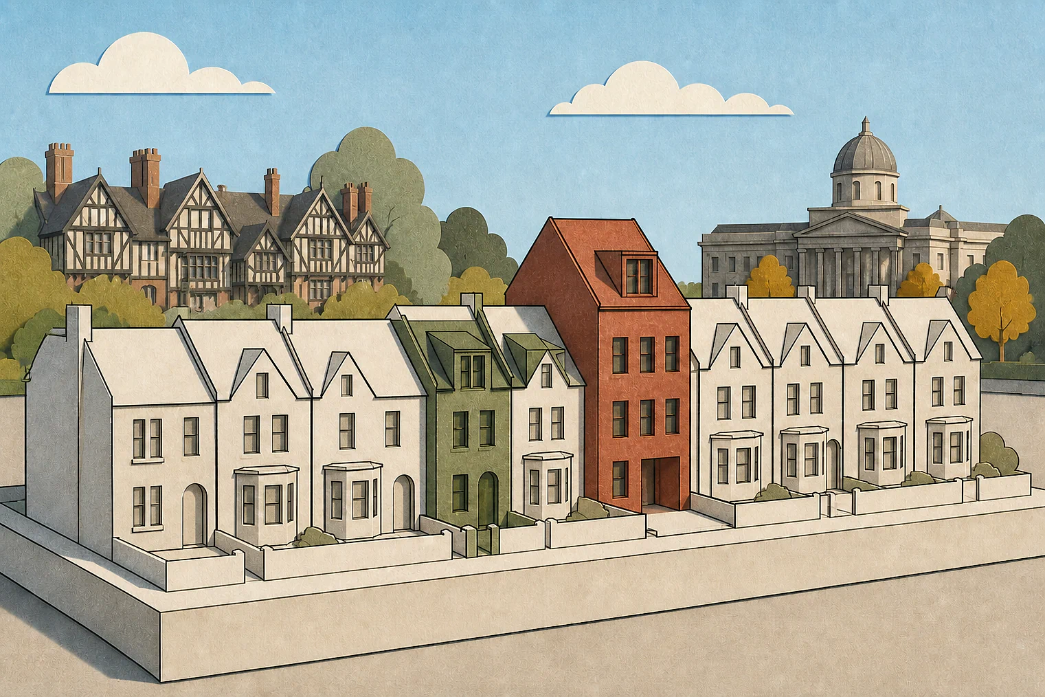 Cut-paper illustration of an imaginary character, scale and appearance planning issue in City of Wolverhampton, with simplified local landmarks.