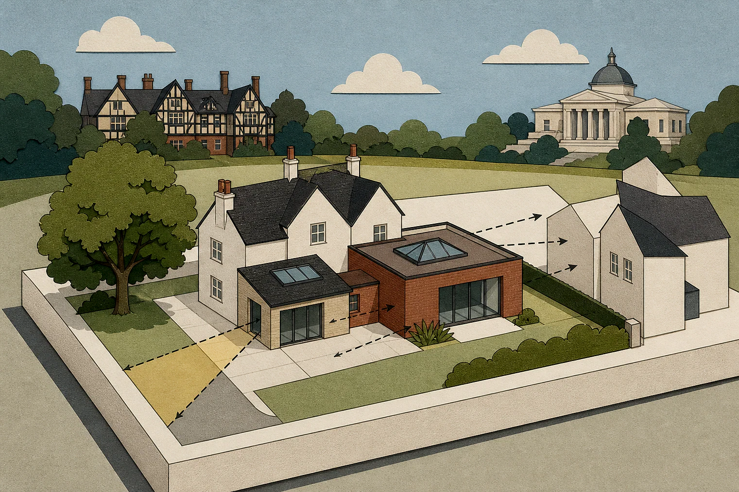 Cut-paper planning illustration for City of Wolverhampton, showing extensions, neighbours, access and open land near simplified local landmarks.