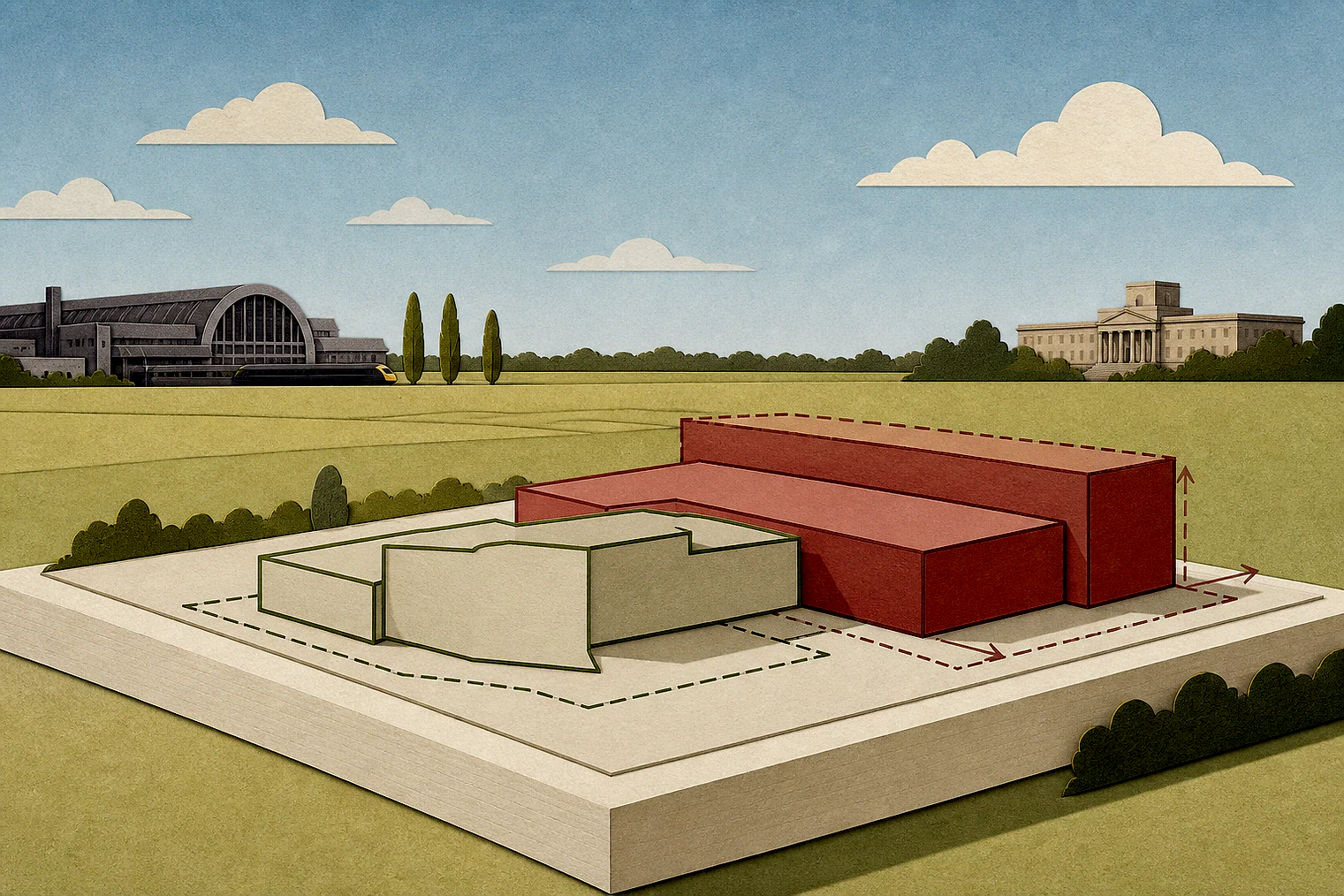 Cut-paper illustration of an imaginary building scale and Green Belt openness planning issue in City of York, with simplified local landmarks.
