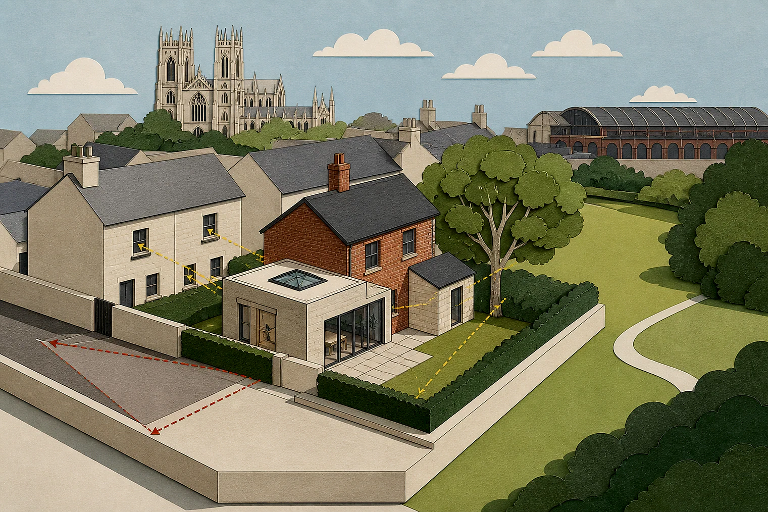 Cut-paper planning illustration for City of York, showing extensions, neighbours, access and open land near simplified local landmarks.